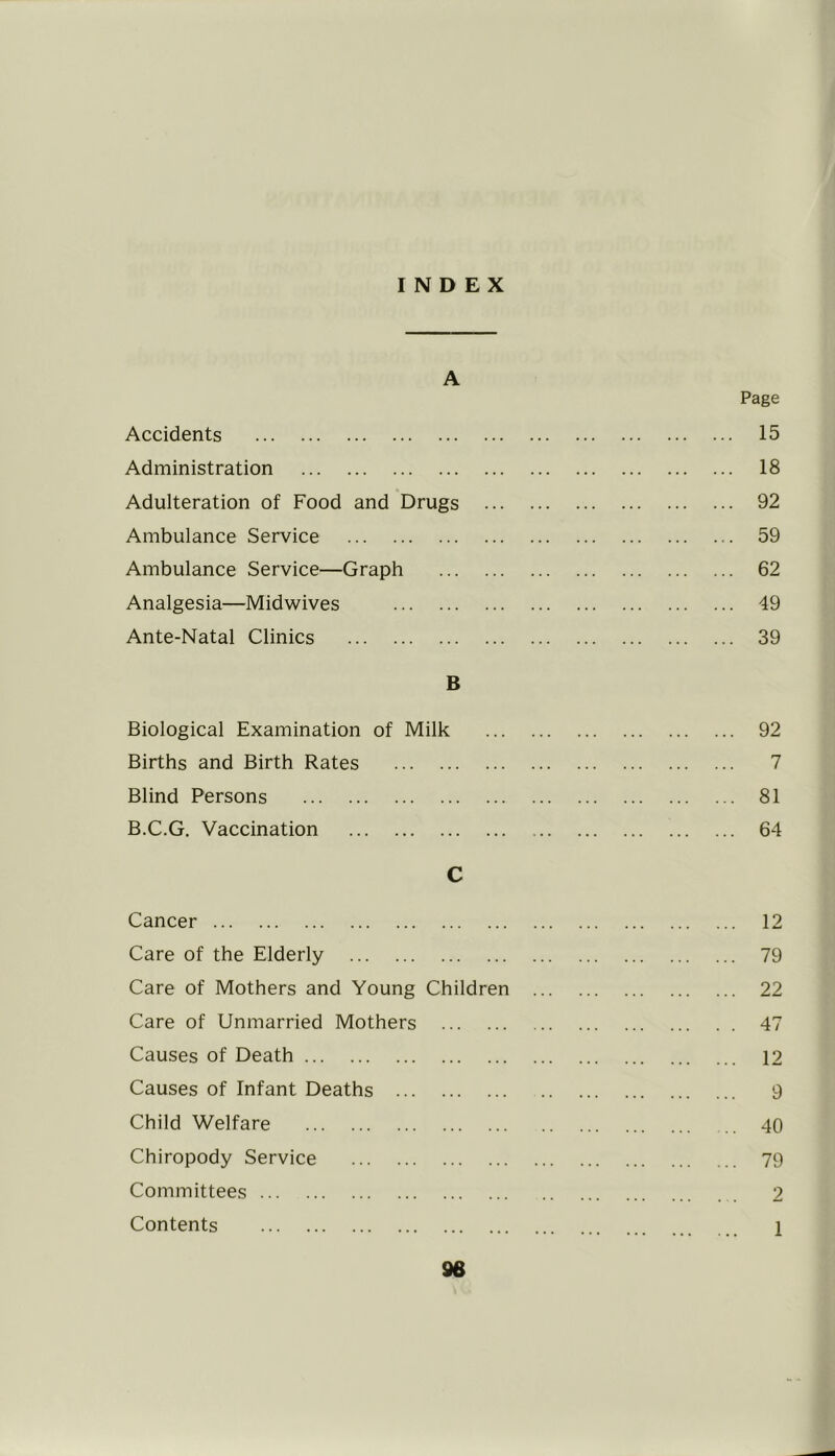 INDEX A Page Accidents 15 Administration 18 Adulteration of Food and Drugs 92 Ambulance Service 59 Ambulance Service—Graph 62 Analgesia—Midwives 49 Ante-Natal Clinics 39 B Biological Examination of Milk 92 Births and Birth Rates 7 Blind Persons 81 B.C.G. Vaccination 64 C Cancer 12 Care of the Elderly 79 Care of Mothers and Young Children 22 Care of Unmarried Mothers 47 Causes of Death 12 Causes of Infant Deaths 9 Child Welfare 40 Chiropody Service 79 Committees 2 Contents 1 96