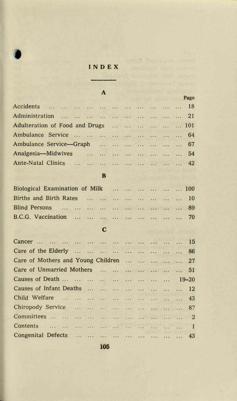 INDEX A Page Accidents 18 Administration 21 Adulteration of Food and Drugs 101 Ambulance Service 64 Ambulance Service—Graph 67 Analgesia—Midwives 54 Ante-Natal Clinics 42 B Biological Examination of Milk 100 Births and Birth Rates 10 Blind Persons 89 B.C.G. Vaccination 70 C Cancer 15 Care of the Elderly 86 Care of Mothers and Young Children ... 27 Care of Unmarried Mothers 51 Causes of Death 19^20 Causes of Infant Deaths 12 Child Welfare 43 Chiropody Service 87 Committees 2 Contents 1 Congenital Defects 43