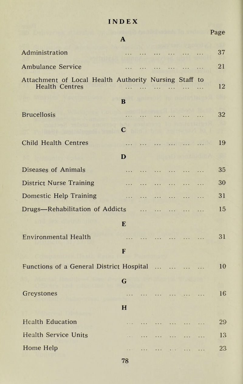 INDEX Page A Administration 37 Ambulance Service 21 Attachment of Local Health Authority Nursing Staff to Health Centres 12 B Brucellosis 32 C Child Health Centres 19 D Diseases of Animals 35 District Nurse Training 30 Domestic Help Training 31 Drugs—Rehabilitation of Addicts 15 E Environmental Health 31 F Functions of a General District Hospital 10 G Greystones 16 H Health Education 29 Health Service Units 13 Home Help 23