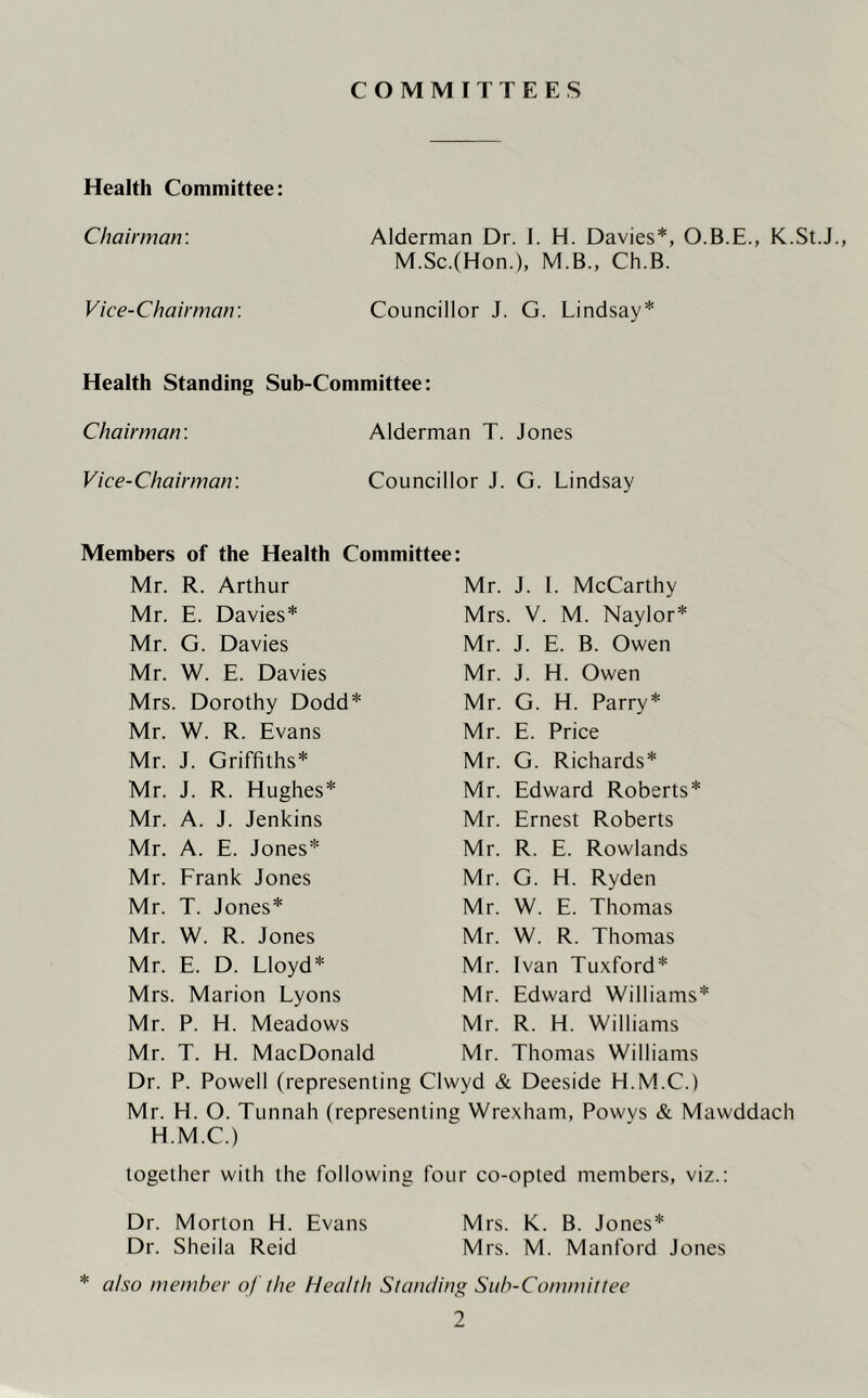 COMMITTEES Health Committee: Chairman: Alderman Dr. I. H. Davies*, O.B.E., K.St.J., M.Sc.(Hon.), M.B., Ch.B. Vice-Chairman: Councillor J. G. Lindsay* Health Standing Sub-Committee: Chairman: Alderman T. Jones Vice-Chairman: Councillor J. G. Lindsay Members of the Health Committee: Mr. R. Arthur Mr. E. Davies* Mr. G. Davies Mr. W. E. Davies Mrs. Dorothy Dodd* Mr. W. R. Evans Mr. J. Griffiths* Mr. J. R. Hughes* Mr. A. J. Jenkins Mr. A. E. Jones* Mr. Frank Jones Mr. T. Jones* Mr. W. R. Jones Mr. E. D. Lloyd* Mrs. Marion Lyons Mr. P. H. Meadows Mr. T. H. MacDonald Mr. J. I. McCarthy Mrs. V. M. Naylor* Mr. J. E. B. Owen Mr. J. H. Owen Mr. G. H. Parry* Mr. E. Price Mr. G. Richards* Mr. Edward Roberts* Mr. Ernest Roberts Mr. R. E. Rowlands Mr. G. H. Ryden Mr. W. E. Thomas Mr. W. R. Thomas Mr. Ivan Tuxford* Mr. Edward Williams* Mr. R. H. Williams Mr. Thomas Williams Dr. P. Powell (representing Clwyd & Deeside H.M.C.) Mr. H. O. Tunnah (representing Wrexham, Powys & Mawddach H.M.C.) together with the following four co-opted members, viz.: Dr. Morton H. Evans Mrs. K. B. Jones* Dr. Sheila Reid Mrs. M. Manford Jones * also member of the Health Standing Sub-Committee