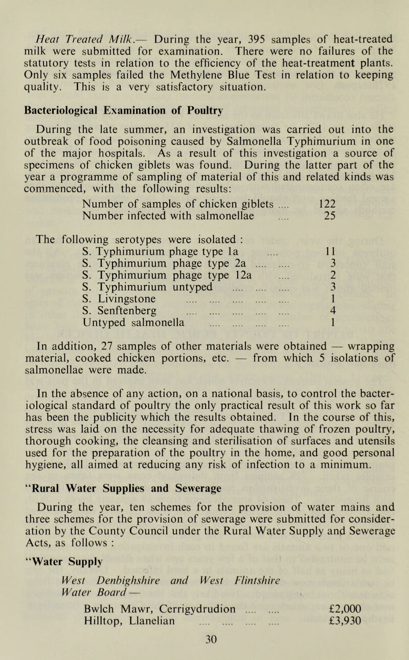 Heat Treated Milk.— During the year, 395 samples of heat-treated milk were submitted for examination. There were no failures of the statutory tests in relation to the efficiency of the heat-treatment plants. Only six samples failed the Methylene Blue Test in relation to keeping quality. This is a very satisfactory situation. Bacteriological Examination of Poultry During the late summer, an investigation was carried out into the outbreak of food poisoning caused by Salmonella Typhimurium in one of the major hospitals. As a result of this investigation a source of specimens of chicken giblets was found. During the latter part of the year a programme of sampling of material of this and related kinds was commenced, with the following results: Number of samples of chicken giblets .... 122 Number infected with salmonellae .... 25 The following serotypes were isolated : S. Typhimurium phage type la .... 11 S. Typhimurium phage type 2a 3 S. Typhimurium phage type 12a .... 2 S. Typhimurium untyped 3 S. Livingstone 1 S. Senftenberg 4 Untyped salmonella 1 In addition, 27 samples of other materials were obtained — wrapping material, cooked chicken portions, etc. — from which 5 isolations of salmonellae were made. In the absence of any action, on a national basis, to control the bacter- iological standard of poultry the only practical result of this work so far has been the publicity which the results obtained. In the course of this, stress was laid on the necessity for adequate thawing of frozen poultry, thorough cooking, the cleansing and sterilisation of surfaces and utensils used for the preparation of the poultry in the home, and good personal hygiene, all aimed at reducing any risk of infection to a minimum. “Rural Water Supplies and Sewerage During the year, ten schemes for the provision of water mains and three schemes for the provision of sewerage were submitted for consider- ation by the County Council under the Rural Water Supply and Sewerage Acts, as follows : “Water Supply West Denbighshire and West Flintshire Water Board — Bwlch Mawr, Cerrigydrudion £2,000 Hilltop, Llanelian £3,930