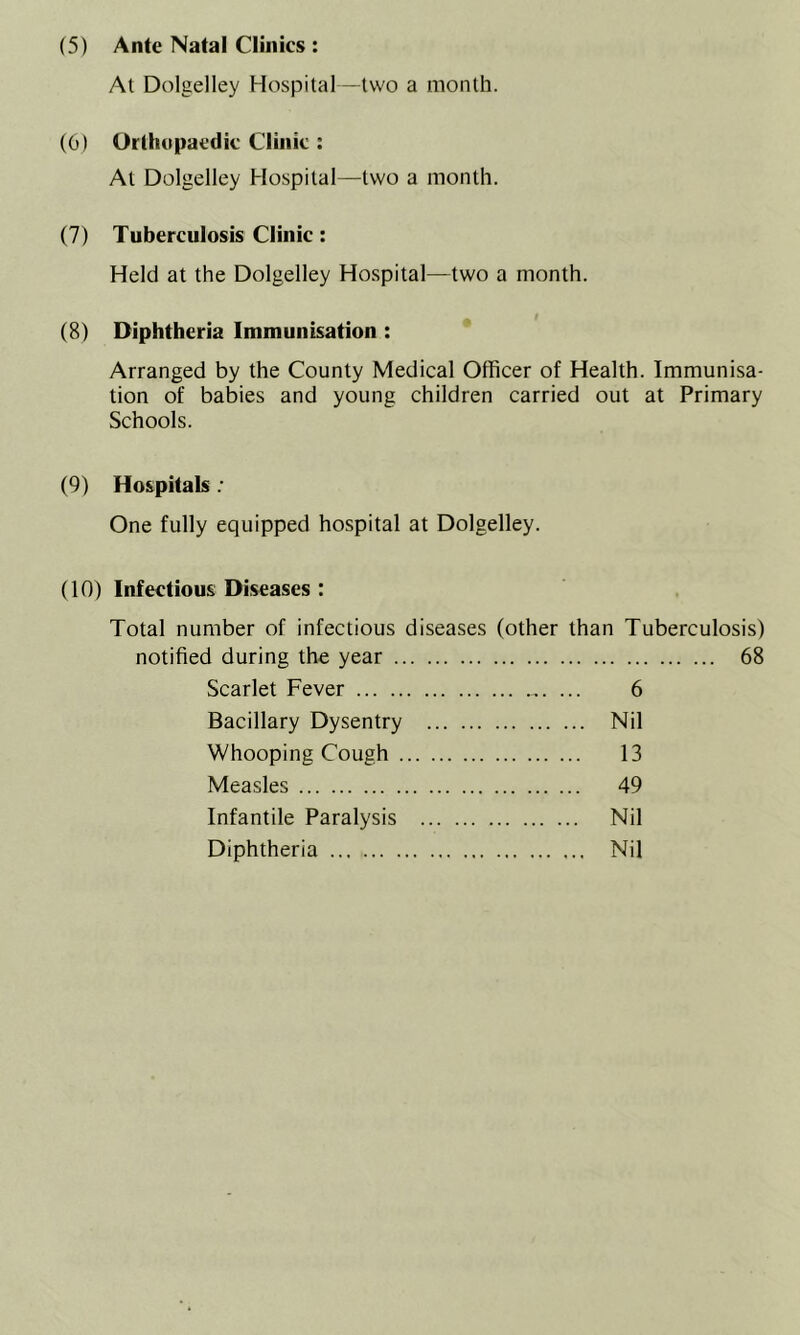 (5) Ante Natal Clinics : At Dolgelley Hospital—two a month. (6) Orthopaedic Clinic : At Dolgelley Hospital—two a month. (7) Tuberculosis Clinic: Held at the Dolgelley Hospital—two a month. (8) Diphtheria Immunisation : Arranged by the County Medical Officer of Health. Immunisa- tion of babies and young children carried out at Primary Schools. (9) Hospitals .• One fully equipped hospital at Dolgelley. (10) Infectious Diseases : Total number of infectious diseases (other than Tuberculosis) notified during the year 68 Scarlet Fever 6 Bacillary Dysentry Nil Whooping Cough 13 Measles 49 Infantile Paralysis Nil Diphtheria Nil