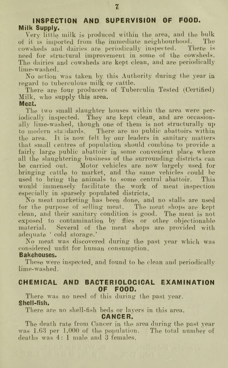 INSPECTION AND SUPERVISION OF FOOD. Milk Supply. Very little milk is produced witliin (he urea, and the bulk of it is imported from the immediate neighbourhood. The cowsheds and dairies are periodically inspected. There is need for structural improvement in some of the cowsheds. The dairies and cowsheds are kept clean, and are periodically lime-washed. No action was taken by this Authority during the year in regard to tuberculous milk or cattle. There are four producers of Tuberculin Tested (Certified) Milk, who supply this area. Meat. The two small slaughter houses within the area were per- iodically inspected. They are kept clean, and are occasion- ally lime-washed, though one of them is not structurally up to modern standards. There are no public abattoirs within the area. It is now felt by our leaders in sanitary matters that small centres of population should combine to provide a fairly large public abattoir in some convenient place where all the slaughtering business of the surrounding districts can be carried out. Motor vehicles are now largely used, for bringing cattle to market, and the same vehicles could be used to bring the animals to some central abattoir. This would immensely facilitate the work of meat inspection especially in sparsely populated districts. No meat marketing has been done, and no stalls are used for the purpose of selling meat. The meat shops are kept clean, and their sanitary condition is good. The meat is not exposed to contamination by flies or other objectionable material. Several of the meat shops are provided with adequate ‘ cold storage.’ No meat was discovered during the past year which was considered unfit for human consumption. Bakehouses. These were inspected, and found to be clean and periodically lime-washed. CHEMICAL AND BACTERIOLOGICAL EXAMINATION OF FOOD. There was no need of this during the past year. Shell-fish. There are no shell-fish beds or layers in this area. CANCER. The death rate from Cancer in the area during the past year was 1.63 per 1,000 of the population. The total number of deaths was 4: 1 male and 3 females.