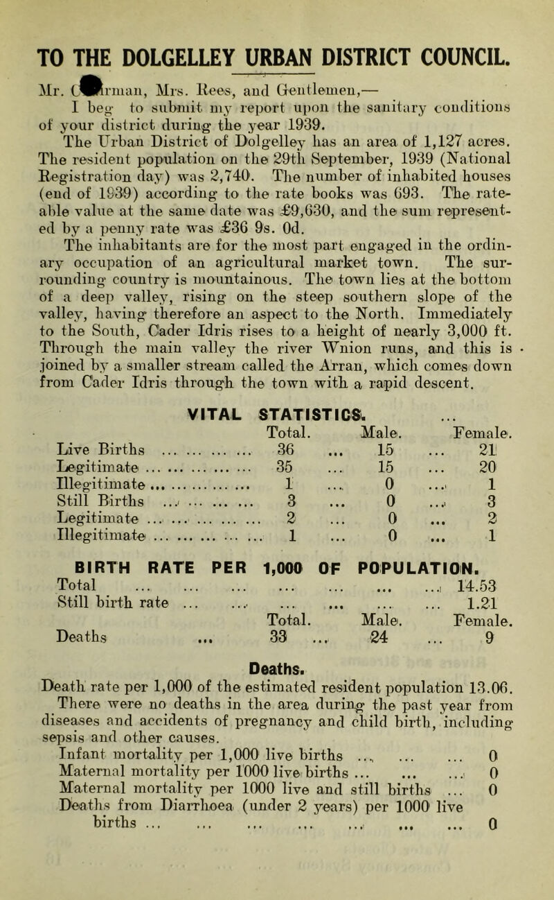 TO THE DOLGELLEY URBAN DISTRICT COUNCIL. Mr. C^l^riuaii, Mrs. liees, aud Geiitleuieu,— 1 bej>’ to submit my report upon the sanitary conditions of your district during the year 1939. The Urban District of Dolgelley has an area of 1,127 acres. The resident population on the 29th September, 1939 (National Registration day) was 2,740'. The number of inhabited houses (end of 1939) according to the rate books was 093. The rate- able value at the same date was £9,030, and the sum represent- ed by a penny rate was £36 9s. Od. The inhabitants are for the most part engaged in the ordin- ary occupation of an agricultural market town. The sur- rounding country is mountainous. The town lies at the bottom of a deep valley, rising on the steep southern slope of the valley, having therefore an aspect to the North. Immediately to the South, C'ader Idris rises tO' a height of nearly 3,000 ft. Through the main valley the river VViiion runs, and this is • joined by a smaller stream called the Arran, which comes down from Cader Idris through the town with a rapid descent. VITAL STATISTICS. Total. Male. Uemale, Live Births 36 15 21 Legitimate 35 15 20 Illegitimate 1 0 1 Still Births .. 3 0 3 Legitimate ... ... 2 0 2 Illegitimate 1 0 1 BIRTH RATE PER 1,000 OF POPULATION. Total ... »•« ... • • • ..., 14.53 vStill birth rate .. Total. Male. ... 1.21 Female. Deaths . •t 33 .,, Deaths. 24 9 Death rate per 1,000 of the estimated resident population 13.06. There were no deaths in the area during the past year from diseases and accidents of pregnancy and child birth, including sepsis and other causes. Infant mortality per 1,000 live births ... 0 Maternal mortality per 1000 live births > 0 Maternal mortality per 1000 live and still births ... 0 Deaths from Diarrhoea (under 2 years) per 1000 live