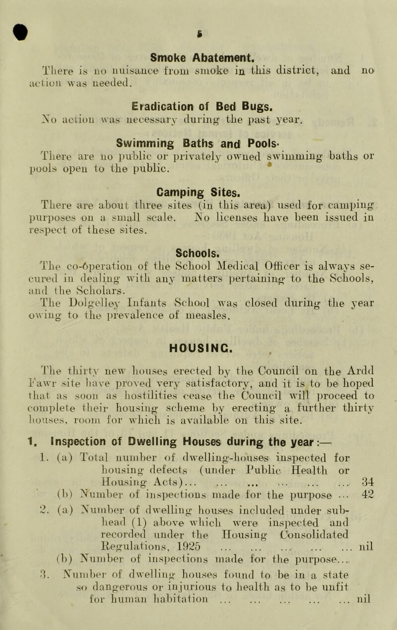 Smoke Abatement. There is no nuisance from smoke in this district, and no- act ion was needed. Eradication of Bed Bugs. is o action was necessary during the past year. Swimming Baths and Pools- There are no public or privately owned swimming baths or pools open to the public. Camping Sites. There are about three sites (in this area) used for camping purposes on a small scale. No licenses have been issued in respect of these sites. Schools. The cooperation of the School Medical Officer is always se- cured in dealing with any matters pertaining to the Schools, and the Scholars. The Dolgelley Infants -School was closed during the year owing to the prevalence of measles. HOUSING. The thirty new houses erected by the Council on the Ardd b’awr site have proved very satisfactory, and it is to be hoped that as soon as hostilities cease the Council will proceed to complete their housing scheme by erecting a further thirty houses, room for which is available on this site. 1, Inspection of Dwelling Houses during the year:— 1. (a) Total number of dwelling-house® inspected for housing defects (under Public Health or Housing Acts) 34 (b) Number of inspections made for the purpose ... 42 2. (a) Number of dwelling houses included under sub- head (1) above which were inspected and recorded under the Housing Consolidated Regulations, 1925 nil (b) Number of inspections made for the purpose... Number of dwelling houses found to he in a state so dangerous or injurious to health as to be unfit for human habitation nil 3.