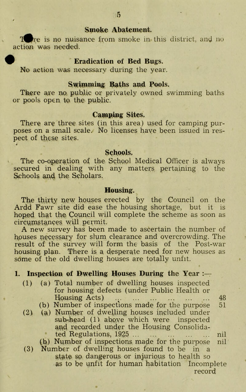 Smoke Abatement. T^re is no nuisance from smoke in this district, and no action was needed. Eradication of Bed Bugs. No action was necessary during the year. Swimming Baths and Pools. There are no public or privately owned swimming baths or pools open to the public. Camping Sites. There are three sites (in this area) used for camping pur- poses on a small scale. No licenses have been issued in res- pect of these sites. 4 Schools. The co-operation of the School Medical Officer is always secured in dealing with any matters pertaining to the Schools and the Scholars. Housing. The thirty new houses erected by the Council on the Ardd Fawr site did ease the housing shortage, but it is hoped that the Council will complete the scheme as soon as circumstances will permit. A new survey has been made to ascertain the number of houses necessary for slum clearance and overcrowding. The result of the survey will form the basis of the Post-war housing plan. There is a desperate need for new houses as some of the old dwelling houses are totally unfit. • 1. Inspection of Dwelling Houses During the Year :— (1) (a) Total number of dwelling houses inspected for housing defects (under Public Plealth or Housing Acts) 48 (b) Number of inspections made for the purpose 51 (2) (a) Number of dwelling houses included under sub-head (1) above which were inspected and recorded under the Housing Consolida- ted Regulations, 1925 nil (b) Number of inspections made for the purpose nil (3) Number of dwelling houses found to be in a state so dangerous or injurious to health so as to be unfit for human habitation Incomplete record