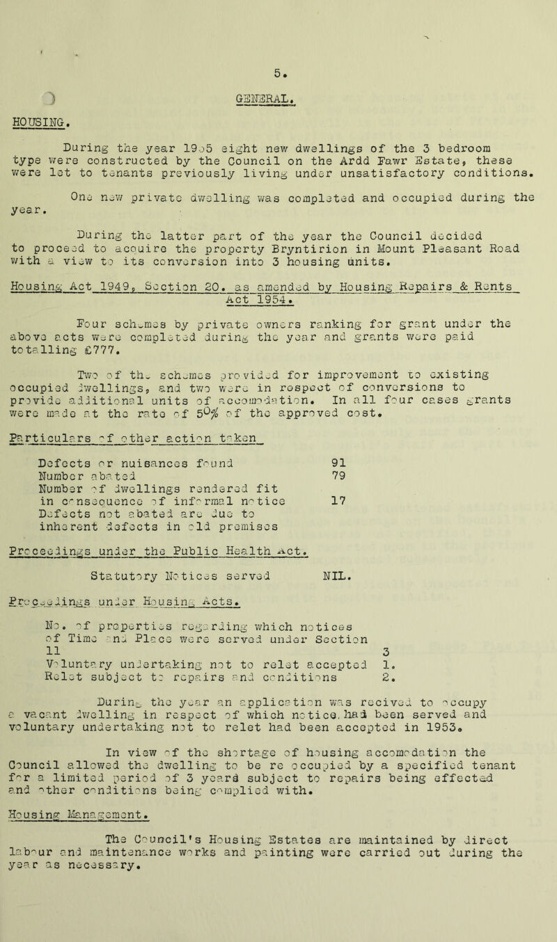 1 G3K3RAL« H0U3IliG. During the year 19o5 eight new dwellings of the 3 bedroom type were constructed by the Council on the Ardd Dawr Sstate, these were lot to tenants previously living under unsatisfactory conditions. One new private dwelling wa.s completed and occupied during the year. During the latter part of the year the Council decided to proceed to acouire the property Bryntirion in Mount Pleasant Road v/ith a view to its conversion into 3 housing units. Housing Act 1949s Section 20. as amended by Housing Repairs & Rents Act 1954. Pour schemes by private owners ranking for grant under the above acts were completed during the year and gra.nts v\/ere paid totalling £777. Two of thw schemes provided for improvement zo existing occupied iwellingSj and two were in rospoct of conversions to provide additional units of accoimdation. In all four cases gra.nts were made at the rate of 5^^% of the approved cost. 91 79 17 Proceedings under the Public Health Act. Statutory notices served NIL. c.eedings u.nder Housing Acts. Ho. of properties regarding which notices of Time nd Place were sorvod under Section 11 V'^luntary undertaking not to relet accepted Relet subject to repairs and ccnditi''^ns During the year an application was recived to occupy a vacant dv/elling in respect of which no tiC9. liai been served and voluntary undertaking not to relet had been accepted in 1953<» In view ■-'f the shortage of housing accomodation the Council allowed the dwelling to be re occupied by a specified tenant f^r a limited period of 3 yoard subject to repairs being effected and '^ther c^^nditions being c-mplied with. Housinsr Management. The Council’s Housing Estates are maintained by direct lab'^ur and maintenance works and painting were carried out during the year as necessery. 3 1. 2. Particulars '•'f other action token Defects or nuisances found Number abo.ted Number of dwellings rendered fit in consequence of inf'^rraal n'^tice Defects not abated are due to inherent defects in old premises