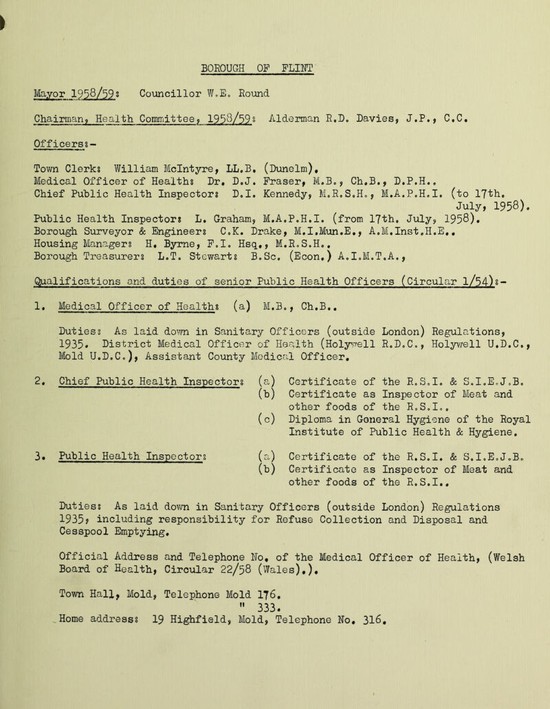 Mayor 1958/59s Co'uncillor WoEo Round Chairman? Health Committee; 1958/59g Alderman R.Bo Davies? J.P.? C.C. Officerss- Town Clerks William McIntyre, LL,B, (Dunelm), Medical Officer of Healths Dr, D,J. Fraser, M.Bo? Ch,B., D.P.H., Chief Public Health Inspectors Do I. Kennedy? M.R.SoHo, M.A.PoHoI. (to 17th, July, 1958). Public Health Inspectors L. Graham? M.A,P.H,I. (from 17th, July? 1958). Borough Surveyor & Engineers C,K, Drake, M.I.Mun.E., A,M,Inst,H.E,, Housing Managers H, Byrne, P,I, Hsq,? M.R,S.H,, Borough Treasurers L,T, Stewarts B.Sc. (Econ.) A.I,M.T,A., Qualifications and duties of senior Public Health Officers (Circular l/54)s- 1. Medical Officer of Healths (a) M.B,, Ch.B,. Dutiess As laid do?/n in Sanitary Officers (outside London) Regulations, 1935* District Medical Officer of Health (Holy’TOll R.D,C,? Holy^/ell U.D.C., Mold U.DoCo), Assistant County Medical Officer, 2, Chief Public Health Inspectors (a) (t) (c) 3, Public Health Inspectors (a) (b) Certificate of the R.S,I, & Sd.EcJoB, Certificate as Inspector of Meat and other foods of the R,S,I,, Diploma in Goneral Hygiene of the Royal Institute of Public Health & Hygiene. Certificate of the R.S.I. & S,I,E,J,B, Certificate as Inspector of Meat and other foods of the R.S.I,, Dutiess As laid dovm in Sanitary Officers (outside London) Regulations 1935? including responsibility for Refuse Collection and Disposal and Cesspool Emptying, Official Address and Telephone No, of the Medical Officer of Health, (Welsh Board of Health, Circiilar 22/58 (Wales),), Town Hall, Mold? Telephone Mold 176,  333. Home address? 19 Highfield? Mold? Telephone No, 316,