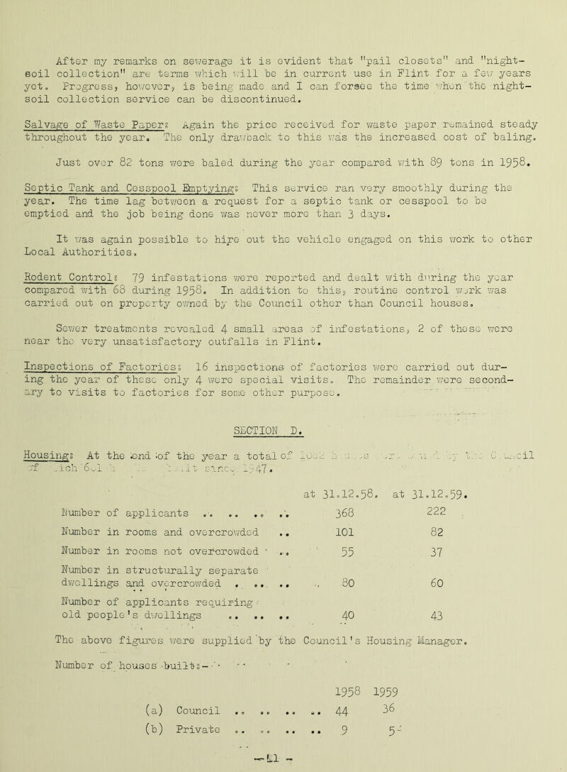 soil collection are terras which will be in current use in Flint for a fe\/ years yoto Frogresss ho\/ovor3 is being made and I can forsee the time when the night- soil collection service can be discontinued. Salvage of Waste Papers Again the price received for ?/aste paper remained steady throughout the year. The only drawback to this was the increased cost of baling. Just over 82 tons v/ere baled during the year compared with 89 tons in 1958* Septic 'Tank and Cesspool Emptyings This service ran very smoothly during the yeai. The time lag botwoon a request for a septic tank or cesspool to be emptied and the job being done v^as never more than 3 days. It was again possible to hire out the vehicle engaged on this ?/ork to other Local Authorities. Rodent Controls 79 infestations ?/ere reported and dealt with du.ring tho year comparod with 68 during 1958. In addition to this? routine control Y/^rk was carried out on property owned by the Council other than Council houses, Se?/er treatments rovoalod 4 small areas of infestationsj 2 of those v/cre near tho very unsatisfactory outfalls in Flint. Inspections of Factoriosg I6 inspections of factories were carried out dur- ing the yoar of these only 4 wore special visits, Tho remainder v/ere second- ary to visits to factories for some other purpose, SECTION I. Housing g At the .end ^Of the year a total of lUo2 h u , .s ./ai f by t':o C.'ui.cil :/f ..ich'6wl h 1 „ .It sincv,l:kf7. ■ Lumber of applicants ,. .. Number in rooms and ovorcrowdod Number in rooms not over-crowded ' Number in structurally separate ' dv/cllings and overcrowded ., Number of applicants reauiring■ old people's dwellings .. .. The above figures were supplied by Number of houses'-builtg- (a) Council ., .. (b) Private at 31.12,58, at 31.12,59 • • 368 222 , • • 101 82 e « 55 37 • • . .80 60 40 43 the Council's Hous ing Manager 1958 1959 .... 44 86 .. .. 9 5-