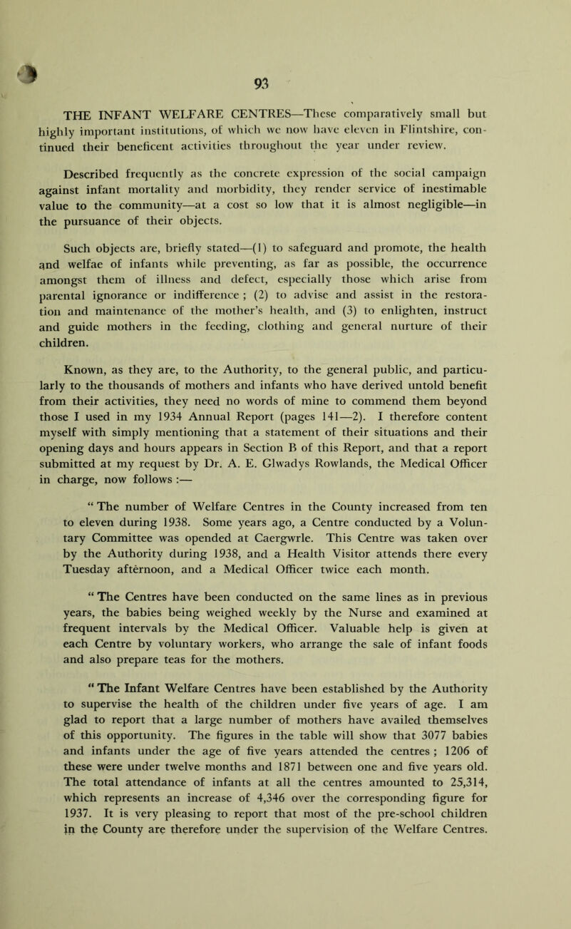 THE INFANT WELFARE CENTRES—These comparatively small but highly important institutions, of which we now have eleven in Flintshire, con- tinued their beneficent activities throughout the year under review. Described frequently as the concrete expression of the social campaign against infant mortality and morbidity, they render service of inestimable value to the community—at a cost so low that it is almost negligible—in the pursuance of their objects. Such objects are, briefly stated—(1) to safeguard and promote, the health qnd welfae of infants while preventing, as far as possible, the occurrence amongst them of illness and defect, especially those which arise from parental ignorance or indifference ; (2) to advise and assist in the restora- tion and maintenance of the mother’s health, and (3) to enlighten, instruct and guide mothers in the feeding, clothing and general nurture of their children. Known, as they are, to the Authority, to the general public, and particu- larly to the thousands of mothers and infants who have derived untold benefit from their activities, they need no words of mine to commend them beyond those I used in my 1934 Annual Report (pages 141—2). I therefore content myself with simply mentioning that a statement of their situations and their opening days and hours appears in Section B of this Report, and that a report submitted at my request by Dr. A. E. Glwadys Rowlands, the Medical Officer in charge, now follows :— “ The number of Welfare Centres in the County increased from ten to eleven during 1938. Some years ago, a Centre conducted by a Volun- tary Committee was opended at Caergwrle. This Centre was taken over by the Authority during 1938, and a Health Visitor attends there every Tuesday afternoon, and a Medical Officer twice each month. “ The Centres have been conducted on the same lines as in previous years, the babies being weighed weekly by the Nurse and examined at frequent intervals by the Medical Officer. Valuable help is given at each Centre by voluntary workers, who arrange the sale of infant foods and also prepare teas for the mothers. “ The Infant Welfare Centres have been established by the Authority to supervise the health of the children under five years of age. I am glad to report that a large number of mothers have availed themselves of this opportunity. The figures in the table will show that 3077 babies and infants under the age of five years attended the centres ; 1206 of these were under twelve months and 1871 between one and five years old. The total attendance of infants at all the centres amounted to 25,314, which represents an increase of 4,346 over the corresponding figure for 1937. It is very pleasing to report that most of the pre-school children in the County are therefore under the supervision of the Welfare Centres.