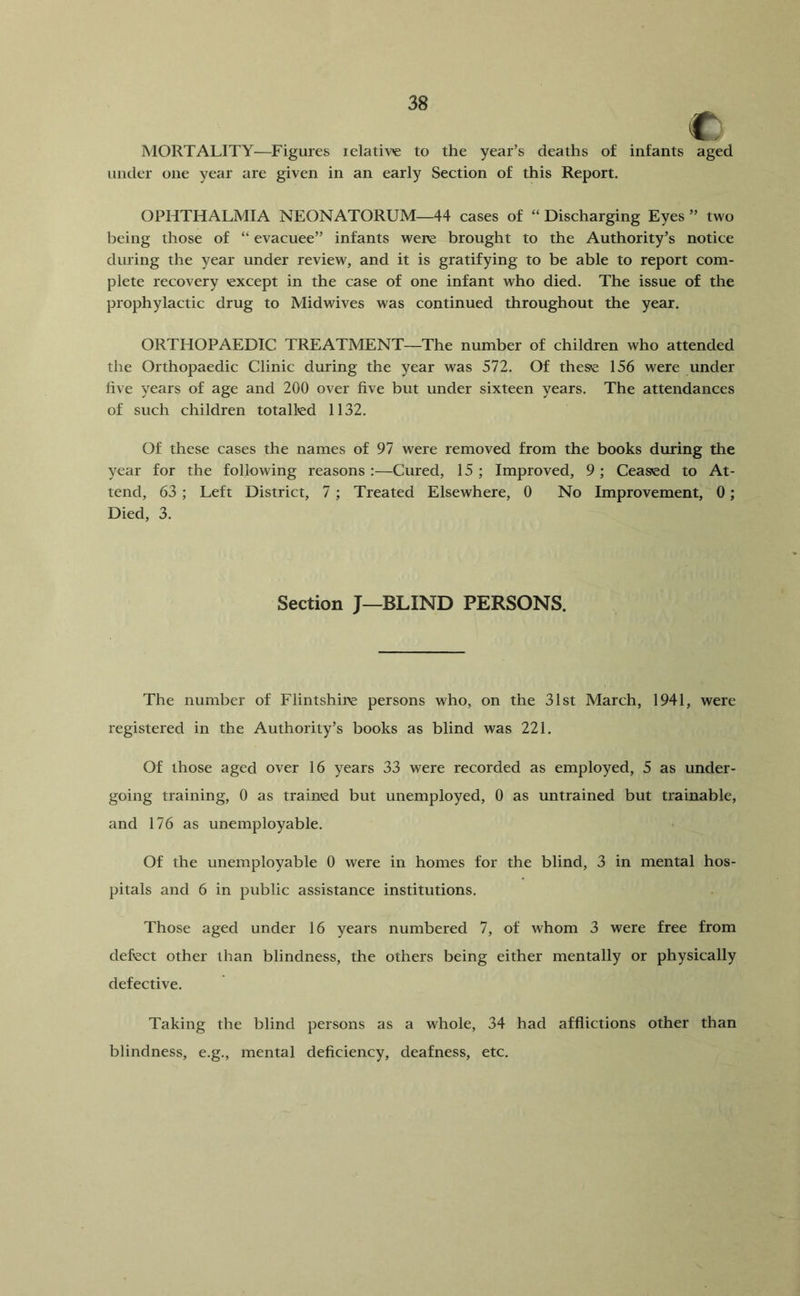 MORTALITY—Figures relative to the year’s deaths of infants aged under one year are given in an early Section of this Report. OPHTHALMIA NEONATORUM—44 cases of “ Discharging Eyes ” two being those of “ evacuee” infants were brought to the Authority’s notice during the year under review, and it is gratifying to be able to report com- plete recovery except in the case of one infant who died. The issue of the prophylactic drug to Midwives was continued throughout the year. ORTHOPAEDIC TREATMENT—The number of children who attended the Orthopaedic Clinic during the year was 572. Of these 156 were under live years of age and 200 over five but under sixteen years. The attendances of such children totalled 1132. Of these cases the names of 97 were removed from the books during the year for the following reasons:—Cured, 15; Improved, 9; Ceased to At- tend, 63 ; Left District, 7 ; Treated Elsewhere, 0 No Improvement, 0; Died, 3. Section J—BLIND PERSONS. The number of Flintshire persons who, on the 31st March, 1941, were registered in the Authority’s books as blind was 221. Of those aged over 16 years 33 were recorded as employed, 5 as under- going training, 0 as trained but unemployed, 0 as untrained but trainable, and 176 as unemployable. Of the unemployable 0 were in homes for the blind, 3 in mental hos- pitals and 6 in public assistance institutions. Those aged under 16 years numbered 7, of whom 3 were free from defect other than blindness, the others being either mentally or physically defective. Taking the blind persons as a whole, 34 had afflictions other than blindness, e.g., mental deficiency, deafness, etc.