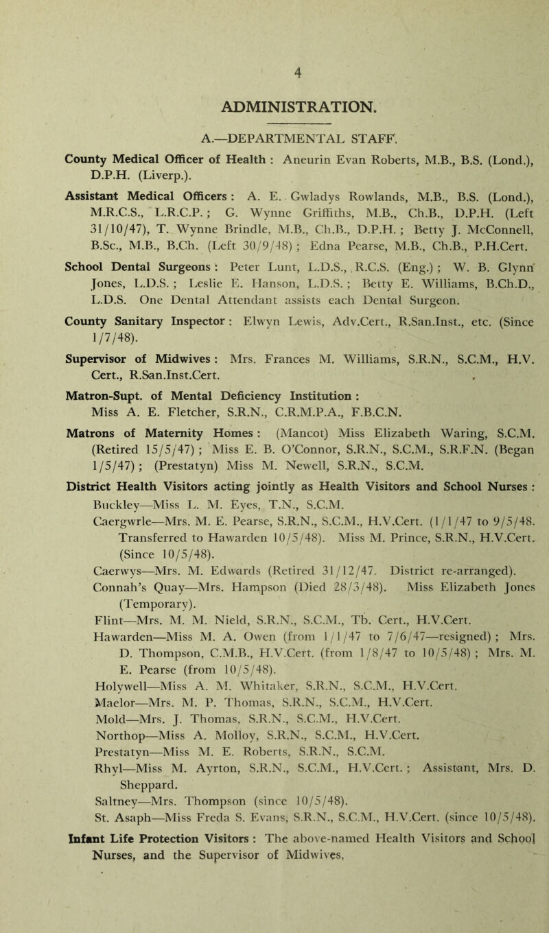 ADMINISTRATION. A.—DEPARTMENTAL STAFF. County Medical Officer of Health : Aneurin Evan Roberts, M.B., B.S. (Lond.), D.P.H. (Liverp.). Assistant Medical Officers: A. E. Gwladys Rowlands, M.B., B.S. (Lond.), M.R.C.S., L.R.C.P. ; G. Wynne Griffiths, M.B., Ch.B., D.P.H. (Left 31/10/47), T. Wynne Brindle, M.B., Ch.B., D.P.H.; Betty J. McConnell, B.Sc., M.B., B.Ch. (I^ft 30/9/48) ; Edna Pearse, M.B., Ch.B., P.H.Cert. School Dental Surgeons : Peter Lunt, L.D.S.,. R.C.S. (Eng.) ; W. B. Glynn Jones, L.D.S. ; Leslie E, Hanson, L.D.S. ; Betty E. Williams, B.Ch.D., L.D.S. One Dental Attendant assists each Dental Surgeon. County Sanitary Inspector : Elwyn Lewis, Adv.Cert., R.San.Inst., etc. (Since 1/7/48). Supervisor of Midwives: Mrs. Frances M. Williams, S.R.N., S.C.M., H.V. Cert., R.San.Inst.Cert. Matron-Supt. of Mental Deficiency Institution ; Miss A. E. Fletcher, S.R.N., C.R.M.P.A., F.B.C.N. Matrons of Maternity Homes : (Mancot) Miss Elizabeth Waring, S.C.M. (Retired 15/5/47); Miss E. B. O’Connor, S.R.N., S.C.M., S.R.F.N. (Began 1/5/47); (Prestatyn) Miss M. Newell, S.R.N., S.C.M. District Health Visitors acting jointly as Health Visitors and School Nurses : Buckley—Miss L. M. Eyes, T.N., S.C.M. Caergwrle—Mrs. M. E. Pearse, S.R.N., S.C.M., H.V.Cert. (1/1/47 to 9/5/48. Transferred to Hawarden 10/5/48). Miss M. Prince, S.R.N., H.V.Cert. (Since 10/5/48). Caerwys—Mrs. M. Edwards (Retired 31/12/47. District re-arranged). Connah’s Quay—Mrs. Hampson (Died 28/3/48). Miss Elizabeth Jones (Temporary). Flint—Mrs. M. M. Nield, S.R.N., S.C.M., Tb. Cert., H.V.Cert. Hawarden—Miss M. A. Owen (from 1/1/47 to 7/6/47—resigned); Mrs. D. Thompson, C.M.B., H.V.Cert. (from 1/8/47 to 10/5/48); Mrs. M. E. Pearse (from 10/5/48). Holywell—Miss A. M. Whitaker, S.R.N., S.C.M., H.V.Cert. Maelor—Mrs. M. P. Thomas, S.R.N., S.C.M., H.V.Cert. Mold—Mrs. J. Thomas, S.R.N., S.C.M., H.V.Cert. Northop—Miss A. Molloy, S.R.N., S.C.M., H.V.Cert. Prestatyn—Miss M. E. Roberts, S.R.N., S.C.M. Rhyl—Miss M. Ayrton, S.R.N., S.C.M., FI.V.Cert. ; Assistant, Mrs. D. Sheppard. Saltney—Mrs. Thompson (since 10/5/48). St. Asaph—Miss Freda S. Evans, S.R.N., S.C.M., H.V.Cert. (since 10/5/48). Infant Life Protection Visitors : The above-named Health Visitors and School Nurses, and the Supervisor of Midwives,