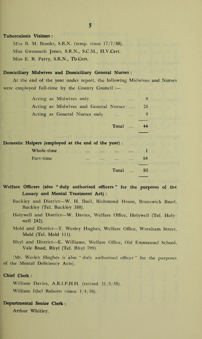 Tuberculosis Visitors : Miss B. iM. Brooks, S.R.N. (temp, since 17/7/50). Miss Gvvenneth Jones, S.R.N., S.C.M., H.V.Cert. Miss E. R. Parry, S.R.N., Tb.Cert. Domiciliary Midwives and Domiciliary General Niurses : At tlie end of the year under report, the following Mid wives and Nurses were emjsloyed full-time by the County Council :— Acting as Midwives only ... ... ... 9 Acting as Midwives and Ceneral Nurses ... 26 Acting as Ceneral Nurses only ... ... 9 Total ... 44 Domestic Helpers (employed at the end of the year) ; Whole-time ... ... ... ... 1 Part-time 84 Total ... 85 Welfare Officers (also “ duly authorised officers ” for the purposes of the Lunacy and Mental Treatment Act) : Buckley and District—W. H. Iball, Richmond House, Brunswick Road, Buckley (Tel. Buckley 388). Holywell and District—W. Davies, Welfare Office, Holywell (Tel. Holy- well 242). Mold and District—T. Wesley Hughes, Welfare Office, Wrexham Street, Mold (Tel. Mold 111). Rhyl and District—^E. Williams, Welfare Office, Old Emmanuel School, Vale Road, Rhyl (Tel. Rhyl 799). (Mr. Wesley Hughes is also “ duly authorised officer for the purposes of the Mental Deficiency Acts). Chief Clerk : William Davies, A.R.I.P.H.H. (retired 31/3/50). William Ithcl Roberts (since 1/4/50). Departmental Senior Clerk : Arthur Whitley.