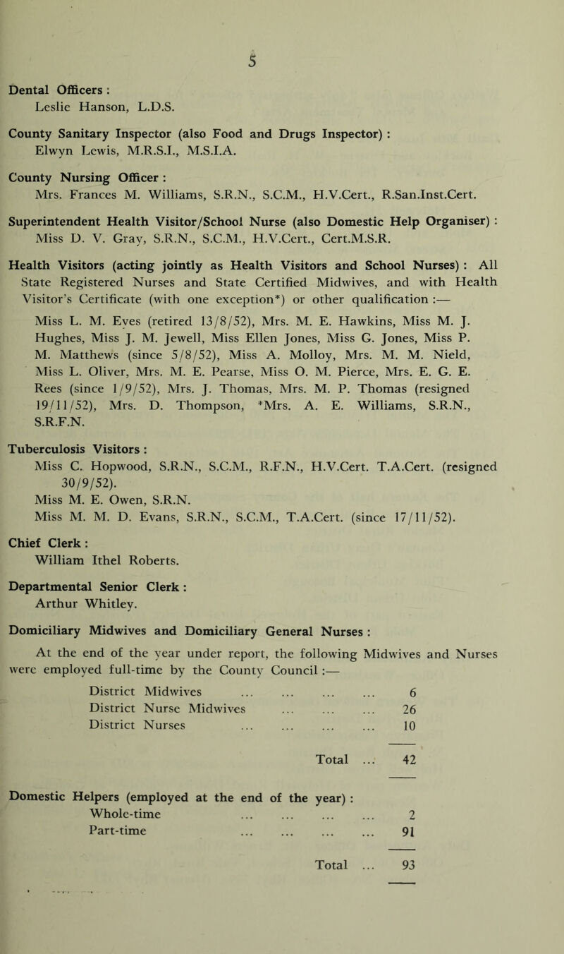 Dental Officers : Leslie Hanson, L.D.S. County Sanitary Inspector (also Food and Drugs Inspector) : Elwyn Lewis, M.R.S.I., M.S.I.A. County Nursing Officer : Mrs. Frances M. Williams, S.R.N., S.C.M., H.V.Cert,, R.San.Inst.Cert. Superintendent Health Visitor/School Nurse (also Domestic Help Organiser) : Miss U. V. Gray, S.R.N., S.C.M., H.V.Cert., Cert.M.S.R. Health Visitors (acting jointly as Health Visitors and School Nurses) : All State Registered Nurses and State Certified Mid wives, and with Health Visitor’s Certificate (with one exception*) or other qualification :— Miss L. M. Eyes (retired 13/8/52), Mrs. M. E. Hawkins, Miss M. J. Hughes, Miss J. M. Jewell, Miss Ellen Jones, Miss G. Jones, Miss P. M. Matthews (since 5/8/52), Miss A. Molloy, Mrs. M. M. Nield, Miss L. Oliver, Mrs. M. E. Pearse, Miss O. M. Pierce, Mrs. E. G. E. Rees (since 1/9/52), Mrs. J. Thomas, Mrs. M. P. Thomas (resigned 19/11/52), Mrs. D. Thompson, *Mrs. A. E. Williams, S.R.N., S.R.F.N. Tuberculosis Visitors: Miss C. Hopwood, S.R.N., S.C.M., R.F.N., H.V.Cert. T.A.Cert. (resigned 30/9/52). Miss M. E. Owen, S.R.N. Miss M. M. D. Evans, S.R.N., S.C.M., T.A.Cert. (since 17/11/52). Chief Clerk: William Ithel Roberts. Departmental Senior Clerk: Arthur Whitley. Domiciliary Midwives and Domiciliary General Nurses : At the end of the year under report, the following Midwives and Nurses were employed full-time by the County Council :— District Midwives ... ... ... ... 6 District Nurse Midwives ... ... ... 26 District Nurses ... ... ... ... 10 Total ... 42 Domestic Helpers (employed at the end of the year) : Whole-time ... ... ... ... 2 Part-time 91 Total ... 93