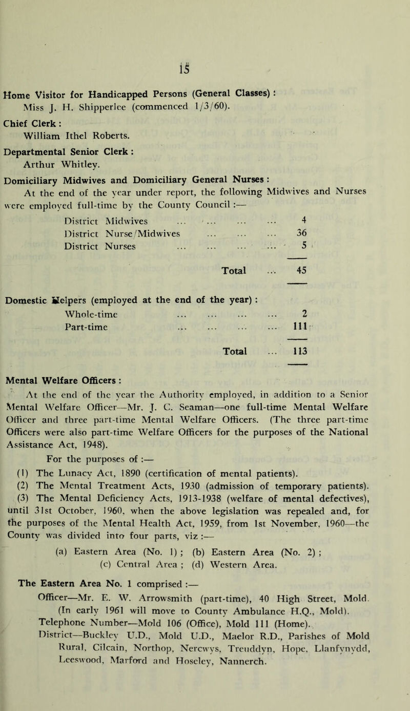 Home Visitor for Handicapped Persons (General Classes) : Miss J. H. Shipperlce (commenced 1/3/60). Chief Clerk: William Ithel Roberts. Departmental Senior Clerk: Arthur Whitley. Domiciliary Midwives and Domiciliary General Nurses : At the end of the year under report, the following Midwives and Nurses were employed full-time by the County Council :— District Midwives ... ... ... .•• 4 District Nurse/Midwives ... ... ... 36 District Nurses ... ... ... ' 5 Total 45 Domestic Helpers (employed at the end of the year) : Whole-time ... ... ... ... 2 Part-time ... Ill' Total ... 113 Mental Welfare Officers : At the end of the vear the /Xuthority employed, in addition to a Senior Mental Welfare Officer—Mr. J. C. Seaman—one full-time Mental Welfare Oificer and three part-time Mental Welfare Officers. (The three part-time Officers were also part-time Welfare Officers for the purposes of the National Assistance Act, 1948). For the purposes of :— (1) The Lunacy Act, 1890 (certification of mental patients). (2) The Mental Treatment Acts, 1930 (admission of temporary patients). (3) The Mental Deficiency Acts, 1913-1938 (welfare of mental defectives), until 31st October, 1960, when the above legislation was repealed and, for the purposes of the Mental Health Act, 1959, from 1st November, 1960—the County was divided into four parts, viz :— (a) Eastern Area (No. 1) ; (b) Eastern Area (No. 2) ; (c) Central Area ; (d) Western Area. The Eastern Area No. 1 comprised :— Officer—Mr. E. W. Arrowsmith (part-time), 40 High Street, Mold. (In early 1961 will move to County Ambulance H.Q., Mold). Telephone Number—Mold 106 (Office),Mold 111 (Home). District—Buckley LT.D., Mold U.D., Maelor R.D., Parishes of Mold Rural. Cilcain, Northop, Nerewys, Treuddyn, Hope, Llanfynydd, Leeswood, Marford and Hoseley, Nannerch.