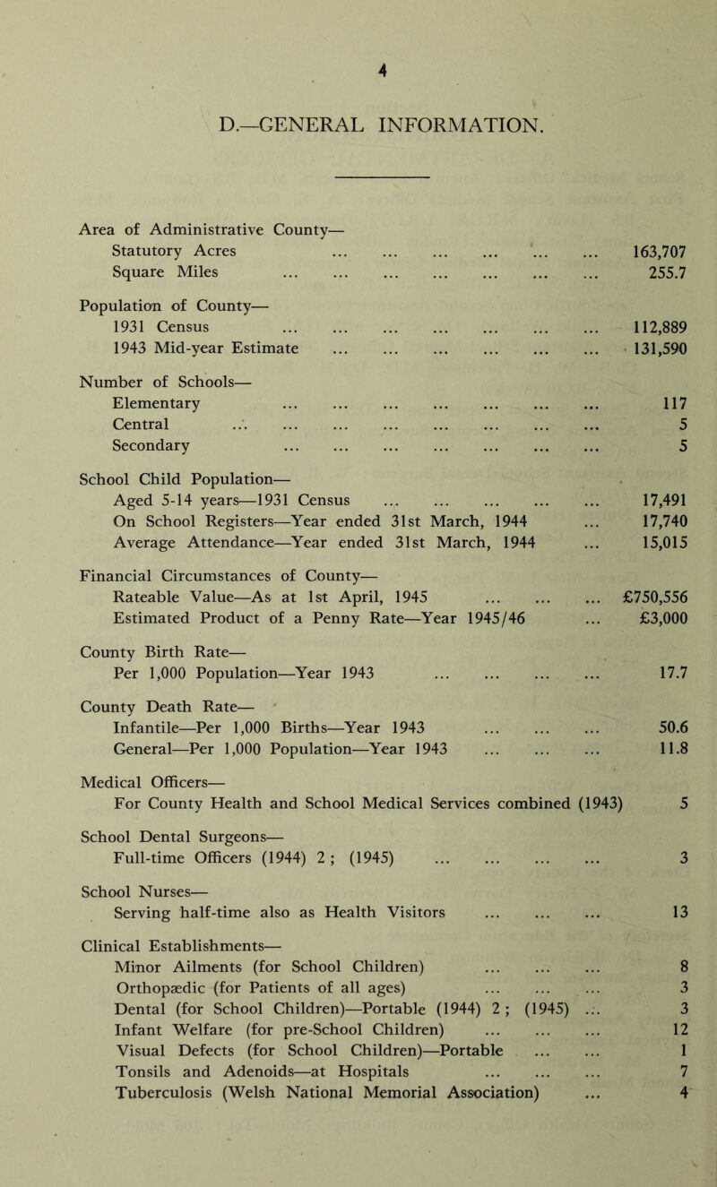 D.—GENERAL INFORMATION. Area of Administrative County— Statutory Acres 163,707 Square Miles 255.7 Population of County— 1931 Census 112,889 1943 Mid-year Estimate • 131,590 Number of Schools— Elementary ... ... ... ... ... ... ... 117 Central ..' 5 Secondary 5 School Child Population— Aged 5-14 years^—1931 Census ... 17,491 On School Registers—Year ended 31st March, 1944 ... 17,740 Average Attendance—^Year ended 31st March, 1944 ... 15,015 Financial Circumstances of County— Rateable Value—As at 1st April, 1945 £750,556 Estimated Product of a Penny Rate—Year 1945/46 ... £3,000 County Birth Rate— Per 1,000 Population—Year 1943 17.7 County Death Rate— Infantile—Per 1,000 Births—^Year 1943 50.6 General—Per 1,000 Population—Year 1943 ... 11.8 Medical Officers— For County Health and School Medical Services combined (1943) 5 School Dental Surgeons— Full-time Officers (1944) 2; (1945) 3 School Nurses— Serving half-time also as Health Visitors 13 Clinical Establishments— Minor Ailments (for School Children) ... 8 Orthopaedic (for Patients of all ages) ... ... ... 3 Dental (for School Children)—Portable (1944) 2 ; (1945) ... 3 Infant Welfare (for pre-School Children) 12 Visual Defects (for School Children)—Portable 1 Tonsils and Adenoids—at Hospitals 7 Tuberculosis (Welsh National Memorial Association) ... 4