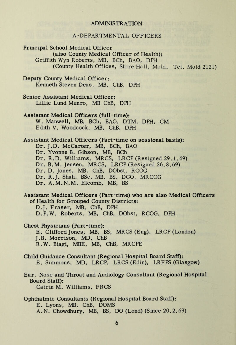 ADMINISTRATION A-DEPARTMENTAL OFFICERS Principal School Medical Officer (also County Medical Officer of Health): Griffith Wyn Roberts, MB, BCh, BAO, DPH (County Health Offices, Shire Hall, Mold. Tel. Mold 2121) Deputy County Medical Officer: Kenneth Steven Deas, MB, ChB, DPH Senior Assistant Medical Officer: Lillie Lund Munro, MB ChB, DPH Assistant Medical Officers (full-time): W. Manwell, MB, BCh, BAO, DTM, DPH, CM Edith V. Woodcock, MB, ChB, DPH Assistant Medical Officers (Part-time on sessional basis): Dr. J.D. McCarter, MB, BCh, BAO Dr. Yvonne B. Gibson, MB, BCh Dr. R.D. Williams, MRCS, LRCP (Resigned 29.1.69) Dr. B.M. Jensen, MRCS, LRCP (Resigned 26.8.69) Dr. D. Jones, MB, ChB, DObst, RCOG Dr. R.J. Shah, BSc, MB, BS, DGO, MRCOG Dr. A.M.N.M. Elcomb, MB, BS Assistant Medical Officers (Part-time) who are also Medical Officers of Health for Grouped County Districts: D.J. Fraser, MB, ChB, DPH D. P.W. Roberts, MB, ChB, DObst, RCOG, DPH Chest Physicians (Part-time): E. Clifford Jones, MB, BS, MRCS (Eng), LRCP (London) J.B. Morrison, MD, ChB R.W. Biagi, MBE, MB, ChB, MR CPE Child Guidance Consultant (Regional Hospital Board StafO: E. Simmons, MD, LRCP, LRCS (Edin), LRFPS (Glasgow) Ear, Nose and Throat and Audiology Consultant (Regional Hospital Board Staff): Catrin M. Williams, FRCS Ophthalmic Consultants (Regional Hospital Board Staff): E. Lyons, MB, ChB, DOMS A.N. Chowdhury, MB, BS, DO (Lond) (Since 20.2.69)
