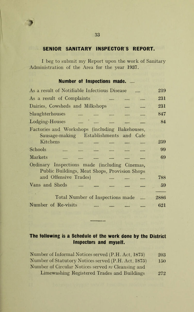 SENIOR SANITARY INSPECTOR S REPORT. I beg to submit my Report upon the work of Sanitary Administration of the Area for the year 1937. Number of Inspections made As a result of Notifiable Infectious Disease 219 As a result of Complaints 231 Dairies, Cowsheds and Milkshops 23.1 Slaughterhouses 847 Lodging-Houses * 84 Factories and Workshops (including Bakehouses, Sausage-making Establishments and Cafe Kitchens 259 Schools 99 Markets 69 Ordinary Inspections made (including Cinemas, Public Buildings, Meat Shops, Provision Shops and Offensive Trades) 788 Vans and Sheds 59 Total Number of Inspections made 2886 Number of Re-visits 621 The following is a Schedule of the work done by the District Inspectors and myself. Number of Informal Notices served (P.H. Act, 1875) 203 Number of Statutory Notices served (P.H. Act, 1875) 150 Number of Circular Notices served re Cleansing and Limewashing Registered Trades and Buildings 272