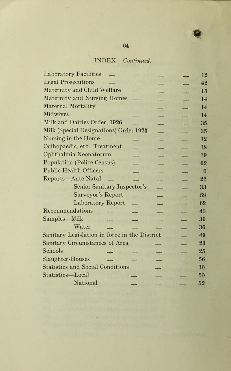 <1 INDEX—Continued. Laboratory Facilities 12 Legal Prosecutions 42 Maternity and Child Welfare 15 Maternity and Nursing Homes 14 Maternal Mortality 14 Midwives 14 Milk and Dairies Order, 1926 35 Milk (Special Designations) Order 1923 35 Nursing in the Home 12 Orthopaedic, etc.. Treatment 18 Ophthalmia Neonatorum 19 Population (Police Census) 62 Public Health Officers 6 Reports—Ante Natal 22 Senior Sanitary Inspector’s 33 Surveyor’s Report 59 Laboratory Report 62 Recommendations 45 Samples—Milk 36 Water 36 Sanitary Legislation in force in the District 49 Sanitary Circumstances of Area 23 Schools 25 Slaughter-Houses 56 Statistics and Social Conditions 10 Statistics—Local 50 National 52