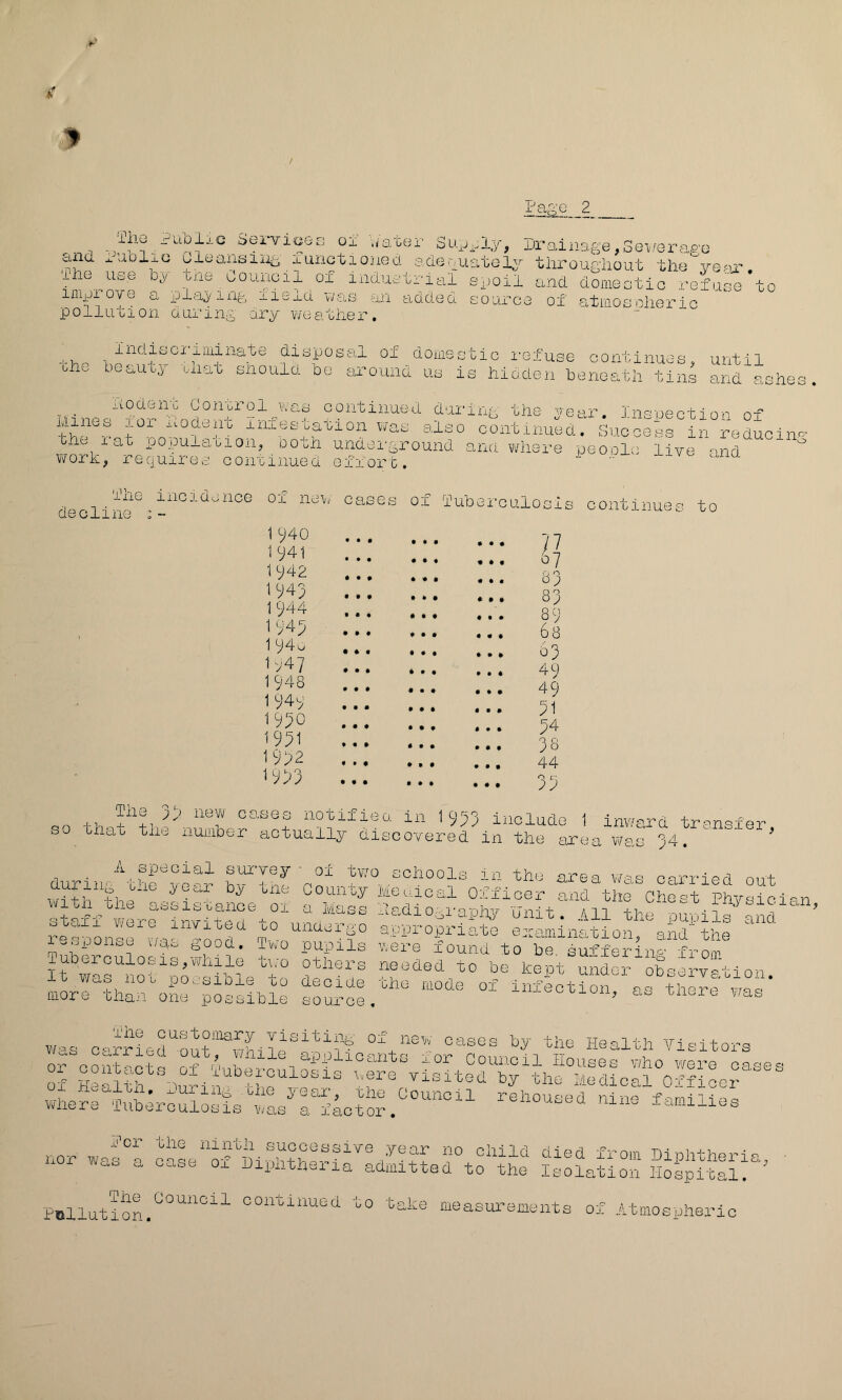/ 1-^age 2 .water SLrj,-l.y, uraiiiage,SG\/erago ana a.vK;lxo oleaxisiiig auiictiojieci adequately tiirougliout the ver-u- ihe iise by tne Council of industrial snoil and doiiiectio reiuGe’to ^ pla^/ing ai’c;j.d \jhiB an added source of atinocolieric p 011 Li G10 n d Lir i iig ary w e a t he r . the disposal of doinectic refuse continues, until bhe Leo,uu^ L-nau snoula be arouna us is hie den beneath tins and ashec continued during the year. Inspection of i'y 7 ^odunt ixLLbs uaGion was also continued. Success in reducim the i at population, Doth undei'ground ana where peoole live and  work, requires contixiued effort. decliS^'cases of luberculosis continues to 1 y40 1 941 1942 1 943 1944 1943 1 94o 1v47 1 948 1949 1930 1931 1992 1933 # • • • • • • • • • » « • « ♦ • • • • • • • * • • • • p • • • • • P m ^ • • • » • • • • • • • • • » • • • • ♦ • • • • • • « • • • » • • • • • » 83 83 68 03 49 49 91 34 38 44 r> fj- 22 59 new cases notified in 1933 include 1 inward transfer so that the number actually discovered in the area \?as ‘ O /) 24 duriir ' the vG-r b^l nf no area was carried out ^vdth ^ County MCbncal Oificer and the Chest Physicia] hadiogi-aphy unit. All the ouuils end otai± were xn\Ti.ted to undergo appropriate examination end'the lesponse w^s good. Two pupils vere found to be sui4erino ^ yneeded to be kept under observation. f -1- >U0de ox inxictlon. possible source, as there vras was chrLckout'hiMlh^^n’'^ of new otxses by the Health Tisitors nor was d’ / •?? f “ied from Diphtheria, case Ox hiiinthsixa admitted to the Isolation Hospital. ' lollutlol'^”'^*’''^^^ continued to take raeasui'eiaents of Atmospheric