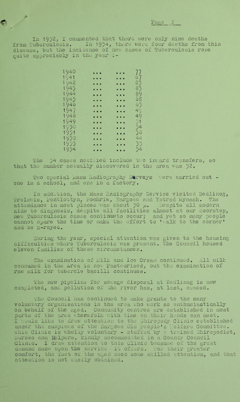 2^ In I conmieiitecL oliat thore v/ere only nine deaths from I'uherculosis. In 195^, there were four deaths from this disease, hut the incidence of new cases of T'uherculosis rose quite appreciably in the year ;~ I he thcit the 1 940 • • • » • • 77 1 941 » • « ♦ • • 07 1 T42 • • » » * « 83 1945 • • » • • • 83 1 944 • ♦ 4 • » • 89 1 9a;; • • • • • • 08 1946 • • « • • • 83 1947 • • • • • • 49 1943 • • • # • • 49 1949 • ♦ • • • # 91 1990 • ♦ • • » « 94 1991 • • ♦ # • • 38 1992 • • • » # • 44 1993 • • • • • • 39 1994 • • • • • » 94 94 cases no 111ie d include t\'o : .mber actually discovered in thi pecial Mass Tua,diography 3 4irveyi SO er carried out - one in a school, and one in a, factory In addiction, the Mass radiography Service visited Bedlinog, frelevjis, fontlottyn, inchriw, Bargoed and Tstrad Mynach. The attendance in most places v/as a,bout '~;0 )-o, ijespite all modern aids to diagnosis, despite all facilities almost at our doorstep, new Tuberculosis cases continueto occur; and .yet so many people cannot spare the time or make the effort to ’\.alk to the corner’ and- b e -r aye d« During the year', special attention was given to the housing- difficulties where Tuberculosis was present. The Council housed eleven families of these circumstances. The examination of Milk and Ice Cream continued. All milk consumed in the Area is no-^// Pasteurised, but the examination of ravj milk fo'r tubercle bacilli continues. The nev/ pipeline for sev.'age disposal at Bedlinog is no¥7 completed, anc. pollution of rhe river has, at last, ceased. vhe Council has continued to make grants to the maiiy voluntary organisations in the a,rea v;ho \;ork so enthusieistically on behalf of the aged. Community centres tire established in most parts of the area inhere folk with time on their hands can meet. I '•■.oula like to draw attention to the Chiropody Clinic established- under the auspices of uhe Bargoea Ola people’s '..'elfare Committee, iliis Clinic is 'vvholiy voluntary - staffed by s trained Chiropodist, burses ana lislpers, kindly accommodo.ted- in a Count,-y Council Clinic. 1 draw attention xo tnis Clinic because of the great demand- m.ade upon the service it offers, i'or their greater comfort, the feet ox the af^ed need some skilled sttention, and that attention is not easily obteiined..