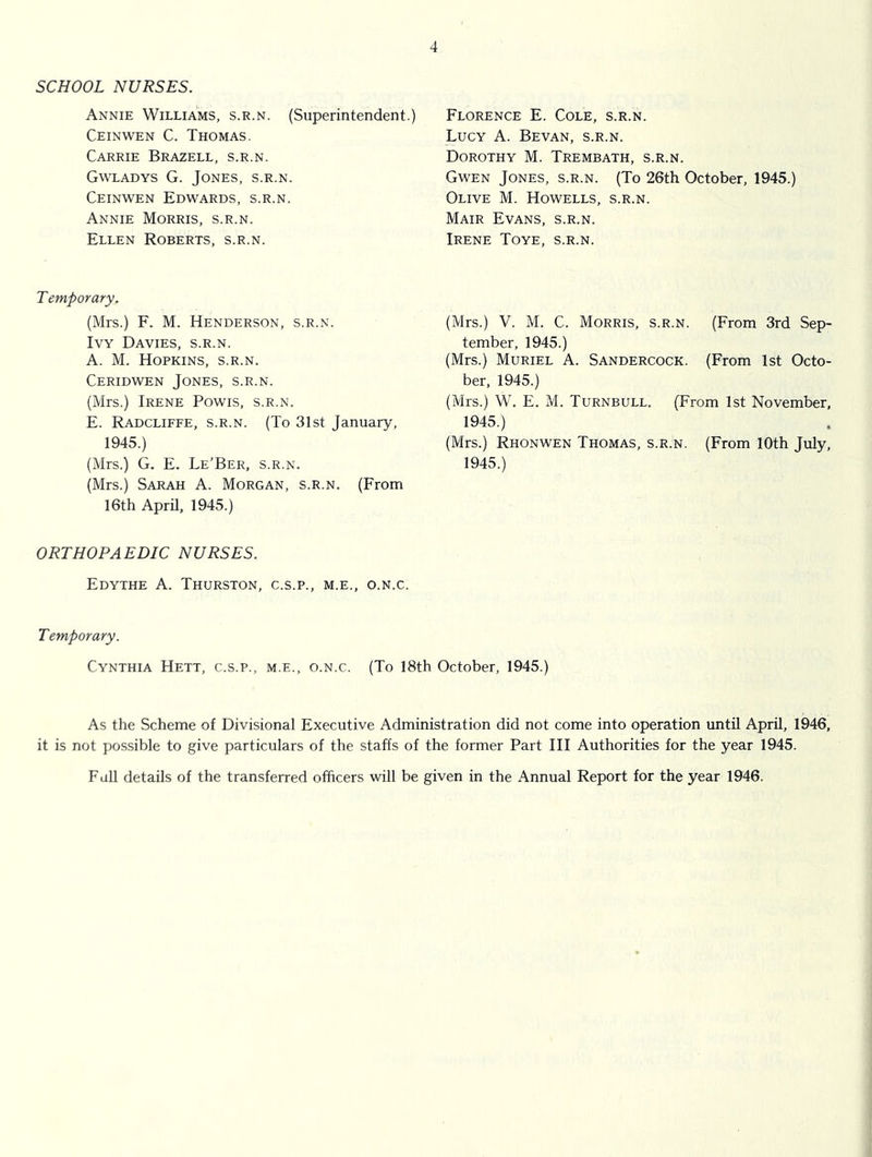 SCHOOL NURSES. Annie Williams, s.r.n. (Superintendent.) Ceinwen C. Thomas. Carrie Brazell, s.r.n. Gwladys G. Jones, s.r.n. Ceinwen Edwards, s.r.n. Annie Morris, s.r.n. Ellen Roberts, s.r.n. T emporary. (Mrs.) F. M. Henderson, s.r.n. Ivy Davies, s.r.n. A. M. Hopkins, s.r.n. Ceridwen Jones, s.r.n. (Mrs.) Irene Powis, s.r.n. E. Radcliffe, s.r.n. (To 31st January, 1945.) (Mrs.) G. E. Le’Ber, s.r.n. (Mrs.) Sarah A. Morgan, s.r.n. (From 16th April, 1945.) ORTHOPAEDIC NURSES. Edythe a. Thurston, c.s.p., m.e., o.n.c. Florence E. Cole, s.r.n. Lucy A. Bevan, s.r.n. Dorothy M. Trembath, s.r.n. Gwen Jones, s.r.n. (To 26th October, 1945.) Olive M. Howells, s.r.n. Mair Evans, s.r.n. Irene Toye, s.r.n. (Mrs.) V. M. C. Morris, s.r.n. (From 3rd Sep- tember, 1945.) (Mrs.) Muriel A. Sandercock. (From 1st Octo- ber, 1945.) (Mrs.) W. E. M. Turnbull. (From 1st November, 1945.) (Mrs.) Rhonwen Thomas, s.r.n. (From 10th July, 1945.) Temporary. Cynthia Hett, c.s.p., m.e., o.n.c. (To 18th October, 1945.) As the Scheme of Divisional Executive Administration did not come into operation until April, 1946, it is not possible to give particulars of the staffs of the former Part III Authorities for the year 1945. Fall details of the transferred officers will be given in the Annual Report for the year 1946.