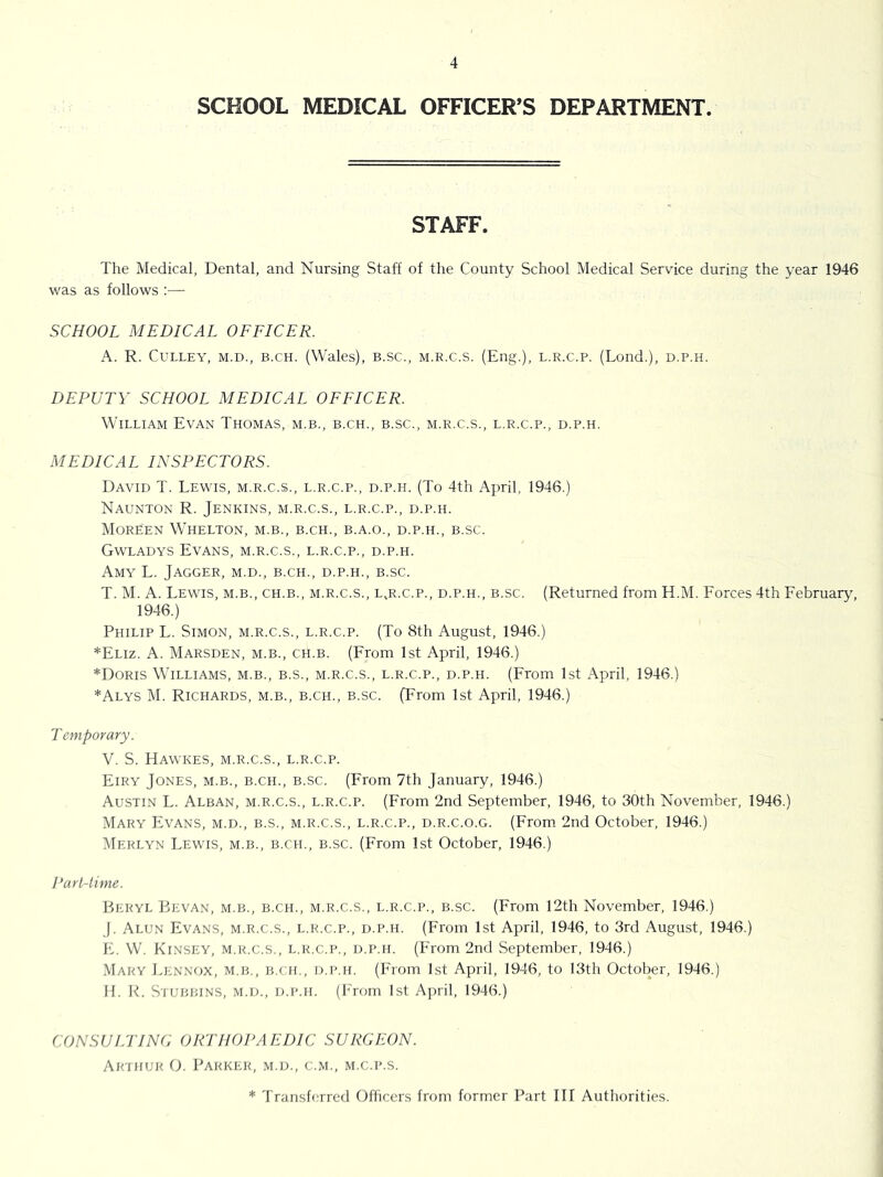 SCHOOL MEDICAL OFFICER’S DEPARTMENT. STAFF. The Medical, Dental, and Nursing Staff of the County School Medical Service during the year 1946 was as follows :— SCHOOL MEDICAL OFFICER. A. R. CuLLEY, M.D., B.CH. (Wales), B.sc., M.R.c.s. (Eng.), l.r.c.p. (Lond.), d.p.h. DEPUTY SCHOOL MEDICAL OFFICER. William Evan Thomas, m.b., b.ch., b.sc., m.r.c.s., l.r.c.p., d.p.h. MEDICAL INSPECTORS. David T. Lewis, m.r.c.s., l.r.c.p., d.p.h. (To 4th April, 1946.) Naunton R. Jenkins, m.r.c.s., l.r.c.p., d.p.h. Moreen Whelton, m.b., b.ch., b.a.o., d.p.h., b.sc. Gwladys Evans, m.r.c.s., l.r.c.p., d.p.h. Amy L. Jagger, m.d., b.ch., d.p.h., b.sc. T. M. A. Lewhs, m.b., ch.b., m.r.c.s., l,r.c.p., d.p.h., b.sc. (Returned from H.M. Forces 4th February, 1946.) Philip L. Simon, m.r.c.s., l.r.c.p. (To 8th August, 1946.) *Eliz. a. Marsden, m.b., ch.b. (From 1st April, 1946.) *Doris Williams, m.b., b.s., m.r.c.s., l.r.c.p., d.p.h. (From 1st April, 1946.) *Alys M. Richards, m.b., b.ch., b.sc. (From 1st April, 1946.) Temporary. V. S. Hawkes, m.r.c.s., l.r.c.p. Eiry Jones, m.b., b.ch., b.sc. (From 7th January, 1946.) Austin L. Alban, m.r.c.s., l.r.c.p. (From 2nd September, 1946, to 30th November, 1946.) Mary Evans, m.d., b.s., m.r.c.s., l.r.c.p., d.r.c.o.g. (From 2nd October, 1946.) Merlyn Lewis, m.b., b.ch., b.sc. (From 1st October, 1946.) Part-time. Beryl Bevan, m.b., b.ch., m.r.c.s., l.r.c.p., b.sc. (From 12th November, 1946.) J. Alun Evans, m.r.c.s., l.r.c.p., d.p.h. (From 1st April, 1946, to 3rd August, 1946.) F. W. Kinsey, m.r.c.s., l.r.c.p., d.p.h. (From 2nd September, 1946.) .Mary 1-ennox, m.b., b.ch., d.p.h. (From 1st April, 1946, to 13th October, 1946.) II. R. Stubbins, m.d., d.p.h. (From 1st April, 1946.) CONSULTINC ORTHOPAEDIC SURGEON. Ar'ihur O. Parker, m.d., c.m., m.c.i’.s.