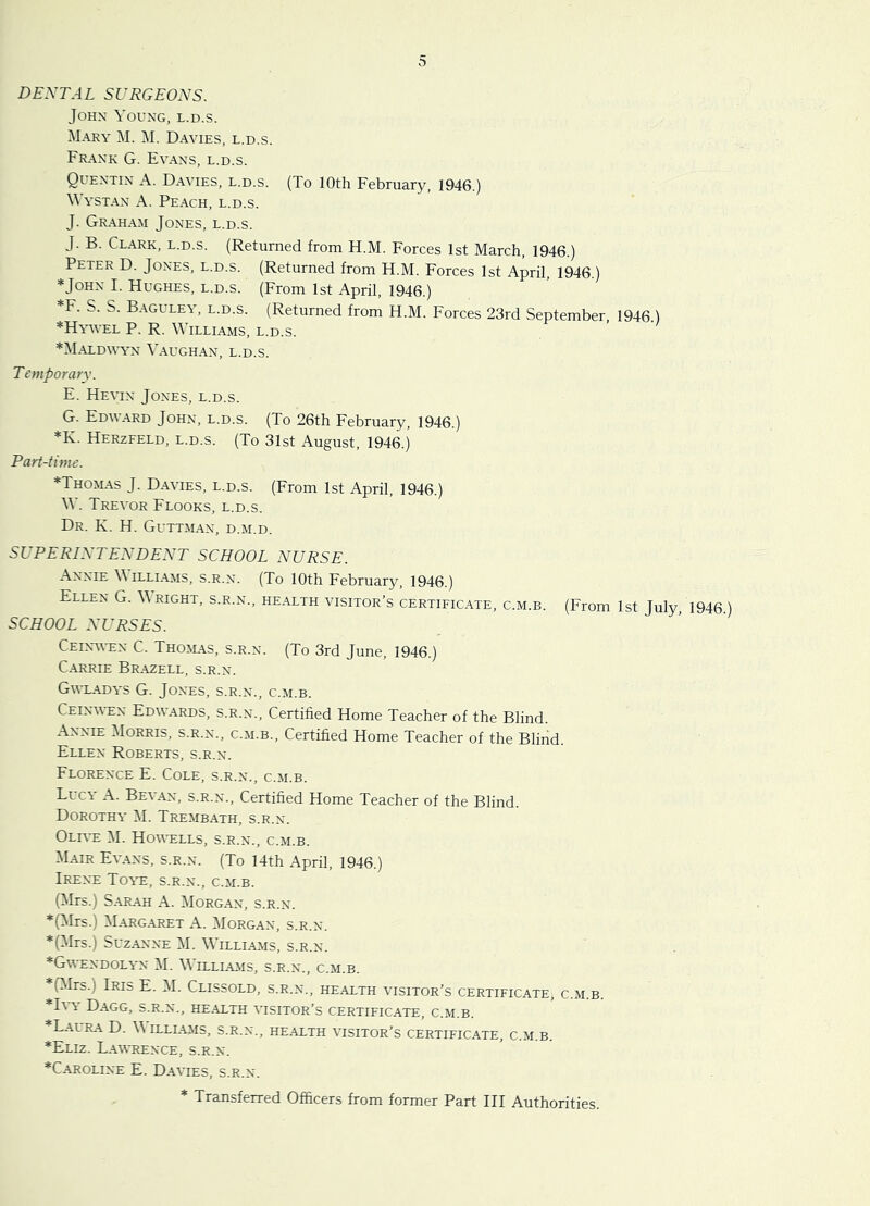 DENTAL SURGEONS. John Young, l.d.s. Mary M. M. Davies, l.d.s. Fil^nk G. Evans, l.d.s. Quentin A. Davies, l.d.s. (To 10th February, 1946.) Wystan A. Peach, l.d.s. J. Graham Jones, l.d.s. J. B. Clark, l.d.s. (Returned from H.M. Forces 1st March, 1946.) Peter D. Jones, l.d.s. (Returned from H.M. Forces 1st April, 1946.) *JOHN I. Hughes, l.d.s. (From 1st April, 1946.) *F. S. S. Bagulev, l.d.s. (Returned from H.M. Forces 23rd September, 1946 ) *Hywel P. R. Williams, l.d.s. *M.ALD\\i'N 'S’AUGHAN, L.D.S. Temporary. E. Hevin Jones, l.d.s. G. Edward John, l.d.s. (To 26th February, 1946.) *K. Herzfeld, l.d.s. (To 31st August, 1946.) Part-time. *Thomas j. Davies, l.d.s. (From 1st April, 1946.) W. Trevor Floors, l.d.s. Dr. K. H. Guttman, d.m.d. SUPERINTENDENT SCHOOL NURSE. Annie Willlams, s.r.n. (To 10th February, 1946.) Ellen G. Wright, s.r.n., health visitor’s certificate, c.m.b. (From 1st July, 1946.) SCHOOL NURSES. Ceinwen C. Thojlas, s.r.n. (To 3rd June, 1946.) Carrie Br.\zell, s.r.n. Gwladvs G. Jones, s.r.n., c.m.b. Ceinwen Edwards, s.r.n., Certified Home Teacher of the Blind. Annie Morris, s.r.n., c.m.b.. Certified Home Teacher of the Blind. Ellen Roberts, s.r.n. Florence E. Cole, s.r.n., c.m.b. Lucy A. Bevan, s.r.n.. Certified Home Teacher of the Blind. Dorothy M. Trembath, s.r.n. Old-e M. Howells, s.r.n., c.m.b. Mair Evans, s.r.n. (To 14th April, 1946.) Irene Toye, s.r.n., c.m.b. (Mrs.) Sarah A. Morgan, s.r.n. *(Mrs.) Margaret A. Morgan, s.r.n. *(Mrs.) Suzanne M. Williams, s.r.n. ^Gwendolt'n M. Willlams, s.r.n., c.m.b. (Mrs.) Iris E. M. Clissold, s.r.n., health visitor’s certificate, c.m.b. s.r.n., health visitor’s certificate, c.m.b. Lalra D. Willlams, s.r.n., health visitor’s certificate, c.m.b. *Eliz. Lawrence, s.r.n. ♦Caroline E. Davies, s.r.n.