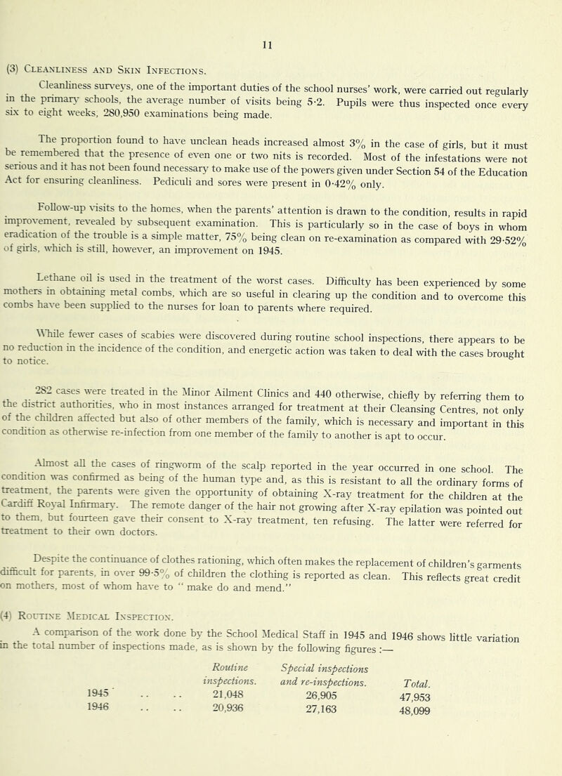 (3) Cleanliness and Skin Infections. Cleanliness sur\'e\'s, one of the important duties of the school nurses’ work, were carried out regularly in the primary schools, the average number of visits being 5-2. Pupils were thus inspected once every six to eight weeks, 280,950 examinations being made. The proportion found to have unclean heads increased almost 3% in the case of girls, but it must be remembered that the presence of even one or two nits is recorded. Most of the infestations were not serious and it has not been found necessary to make use of the powers given under Section 54 of the Education Act for ensuring cleanliness. Pediculi and sores were present in 0-42% only. Follow-up visits to the homes, when the parents’ attention is drawn to the condition, results in rapid improvement, revealed by subsequent examination. This is particularly so in the case of boys in whom eradication of the trouble is a simple matter, 75% being clean on re-examination as compared with 29-52% of girls, which is still, however, an improvement on 1945. Lethane oil is used in the treatment of the worst cases. Difficulty has been experienced by some mothers in obtaining metal combs, which are so useful in clearing up the condition and to overcome this combs have been supplied to the nurses for loan to parents where required. MTiile fever cases of scabies were discovered during routine school inspections, there appears to be no reduction in the incidence of the condition, and energetic action was taken to deal with the cases brought to notice. ° 282 cases were treated in the Minor Ailment Clinics and 440 otherwise, chiefly by referring them to the distnct authorities, who in most instances arranged for treatment at their Cleansing Centres, not only of the children affected but also of other members of the family, which is necessary and important in this condition as otheivWse re-infection from one member of the family to another is apt to occur. -\lmost all the cases of ringworm of the scalp reported in the year occurred in one school. The condition was confirmed as being of the human type and, as this is resistant to all the ordinary forms of treatment, the parents were given the opportunity of obtaining X-ray treatment for the children at the Cardiff Royal Infirmart*. The remote danger of the hair not growing after X-ray epilation was pointed out to them, but fourteen gave their consent to X-ray treatment, ten refusing. The latter were referred for treatment to their own doctors. Despite the continuance of clothes rationing, which often makes the replacement of children’s garments difficult for parents, in over 99-5% of children the clothing is reported as clean. This reflects great credit on mothers, most of whom have to “ make do and mend.” (4i Routine Medic.al Inspection. A comparison of the work done by the School Medical Staff in 1945 and 1946 shows little variation in the total number of inspections made, as is shown by the following figures : 1945 ■ 1946 Routine inspections. 21,048 20,936 Special inspections and re-inspections. 26,905 27,163 Total. 47,953 48,099