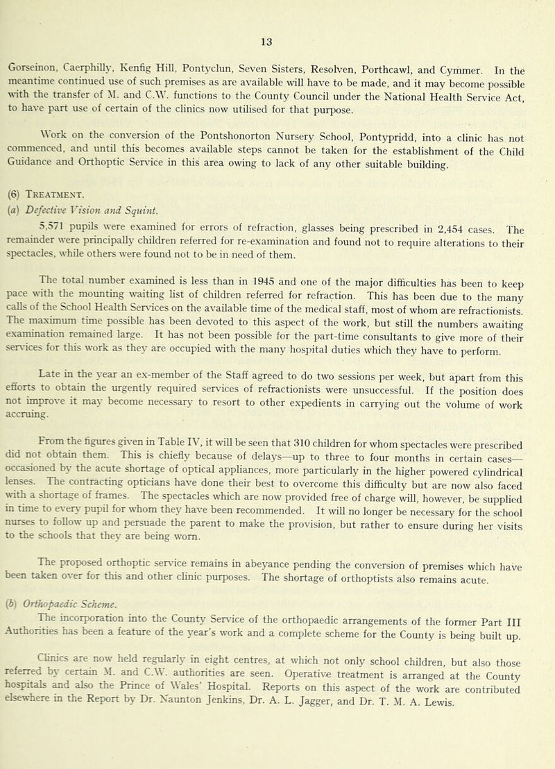 Gorseinon, Caerphilly, Kenfig Hill. Pontyclim, Seven Sisters, Resolven, Porthcawl, and Cymmer. In the meantime continued use of such premises as are available will have to be made, and it may become possible with the transfer of M. and C.W. functions to the County Council under the National Health Service Act, to have part use of certain of the clinics now utilised for that purpose. \\ork on the conversion of the Pontshonorton Nursery School, Pontypridd, into a clinic has not commenced, and until this becomes available steps cannot be taken for the establishment of the Child Guidance and Orthoptic Ser^dce in this area owing to lack of any other suitable building. (6) Treatment. (a) Defective Vision and Squint. o,o71 pupils were examined for errors of refraction, glasses being prescribed in 2,454 cases. The remainder were principally children referred for re-examination and found not to require alterations to their spectacles, while others were found not to be in need of them. The total number examined is less than in 1945 and one of the major difficulties has been to keep pace with the mounting waiting list of children referred for refraction. This has been due to the many calls of the School Health Ser\'ices on the available time of the medical staff, most of whom are refractionists. The maximum time possible has been devoted to this aspect of the work, but still the numbers awaiting examination remained large. It has not been possible for the part-time consultants to give more of their seiA-ices for this work as they are occupied with the many hospital duties which they have to perform. Late in the year an ex-member of the Staff agreed to do two sessions per week, but apart from this efforts to obtain the urgently required ser\'ices of refractionists were unsuccessful. If the position does not improve it may become necessary to resort to other expedients in carrying out the volume of work accruing. From the figures gi\ en in Table IV, it will be seen that 310 children for whom spectacles were prescribed did not obtain them. This is chiefly because of delays—up to three to four months in certain cases— occasioned by the acute shortage of optical appliances, more particularly in the higher powered cylindrical lenses. The contracting opticians have done their best to overcome this difficulty but are now also faced with a shonage of frames. The spectacles which are now provided free of charge will, however, be supplied in time to eieiy pupil for whom they have been recommended. It will no longer be necessary for the school nurses to follow up and persuade the parent to make the provision, but rather to ensure during her visits to the schools that they are being worn. The proposed orthoptic sen ice remains in abeyance pending the conversion of premises which have been taken over for this and other clinic purposes. The shortage of orthoptists also remains acute. (i) Orthopaedic Scheme. The incorporation into the County Sendee of the orthopaedic arrangements of the former Part III Authorities has been a feature of the year’s work and a complete scheme for the County is being built up. Climes are now held regularly in eight centres, at which not only school children, but also those referred by certain M. and C.W. authorities are seen. Operative treatment is arranged at the County hospitals and also the Prince of Wales’ Hospital. Reports on this aspect of the work are contributed elsewhere in the Report by Dr. Naunton Jenkins, Dr. A. L. Jagger, and Dr. T. M. A. Lewis.