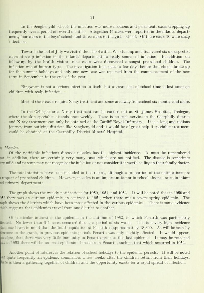 ‘21 In the Senghenydd schools the infection was more insidious and persistent, cases cropping up frequently over a period of several months. Altogether 14 cases were reported in the infants’ depart- ment, four cases in the boys’ school, and three cases in the girls’ school. Of these cases 10 were scalp infections. Towards the end of July we rdsited the school with a Woods lamp and discovered six unsuspected cases of scalp infection in the infants’ department—a readj^ source of infection. In addition, on follow-up by the health visitor, nine cases were discovered amongst pre-school children. The infection was of human type. The investigation took place a few days before the schools broke up for the summer holidays and only one new case was reported from the commencement of the hew term in September to the end of the year. Ringrvorm is not a serious infection in itself, but a great deal of school time is lost amongst children with scalp infection. Most of these cases require X-ray treatment and some are away from school six months and more. In the Gelligaer area X-ray treatment can be carried out at St. James Hospital, Tredegar, where the skin specialist attends once weekly. There is no such service in the Caerphilly district and X-ray treatment can only be obtained at the Cardiff Royal Infirmary. It is a long and tedious journey from outlying districts like Senghenydd and it would be of great help if specialist treatment could be obtained at the Caerphilly District Miners’ Hospital.” ») Measles. Of the notifiable infectious diseases measles has the highest incidence. It must be remembered lat. in addition, there are certainly very many cases which are not notified. The disease is sometimes eiy mild and parents may not recognise the mfection or not consider it is worth calling in their family doctor. The total statistics hat’e been included in this report, although a proportion of the notifications are 1 respect of pre-school children. However, measles is an important factor in school absence rates in infant nd primart' departments. The graph shows the weekly notifications for 1950, 1951, and 1952. It will be noted that in 1950 and 452 there was an autumn epidemic, in contrast to 1951, when there was a severe spring epidemic. The raph shows the districts which have been most affected in the various epidemics. There is some evidence 'hich suggests that epidemics travel from one district to another. Of particular interest is the epidemic in the autumn of 1952, in which Penarth was particularly lorted. No fewer than 641 cases occurred during a period of six weeks. This is a very high incidence hen one bears in mind that the total population of Penarth is approximately 18,300. As will be seen by ■ference to the graph, in previous epidemic periods Penarth was only slightly affected. It would appear, ler-.fore, that there was ver\' little immunity in Penarth prior to this last epidemic. It may be reasoned lat in 1953 there ^^■ill be no local epidemic of measles in Penarth, such as that which occurred in 1952. Another point of interest is the relation of school holidays to the epidemic periods. It will be noted tat quite frequently an epidemic commences a few weeks after the children return from their holidays, t^ere is then a gathering together of children and the opportunity exists for a rapid spread of infection.