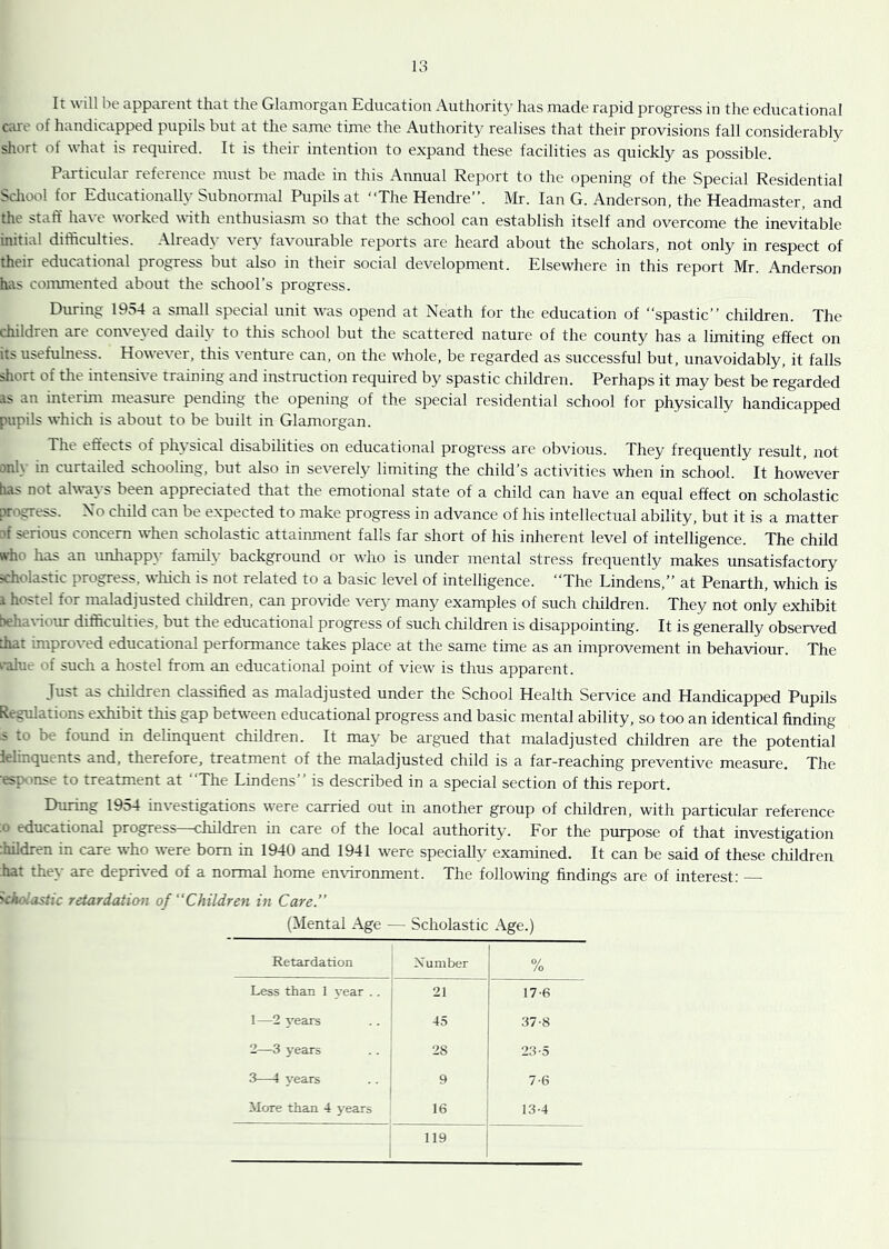 It will be apparent that the Glamorgan Education Authorit}’ has made rapid progress in the educational care of handicapped pupils but at the same time the Authority realises that their provisions fall considerably short of what is required. It is their intention to expand these facilities as quickly as possible. E^fticular reference must be made in this Annual Report to the opening of the Special Residential School for Educationally Subnormal Pupils at “The Hendre”. Mr. Ian G. Anderson, the Headmaster, and the staff have worked uath enthusiasm so that the school can establish itself and overcome the inevitable initial difficulties. Already very favourable reports are heard about the scholars, not only in respect of their educational progress but also in their social development. Elsewhere in this report Mr. Anderson has commented about the school’s progress. During 1954 a small special unit was opend at Neath for the education of “spastic” children. The children are conveyed daily to this school but the scattered nature of the county has a limiting effect on its usefulness. However, this venture can, on the whole, be regarded as successful but, unavoidably, it falls short of the intensive training and instruction required by spastic children. Perhaps it may best be regarded rs an interim measure pending the opening of the special residential school for physically handicapped pupils which is about to be built in Glamorgan. The effects of ph\ sical disabilities on educational progress are obvious. They frequently result, not only in curtailed schooling, but also in severely limiting the child’s activities when in school. It however has not always been appreciated that the emotional state of a child can have an equal effect on scholastic pmgress. No child can be expected to make progress in advance of his intellectual ability, but it is a matter of serious concern when scholastic attainment falls far short of his inherent level of intelligence. The child who has an unhappy family background or who is under mental stress frequently makes unsatisfactory jcholastic progress, which is not related to a basic level of intelligence. “The Lindens,” at Penarth, which is 1 hostel for maladjusted cliildren, can provide ver}- many examples of such children. They not only exhibit tiehaffiom- difficulties, but the educational progress of such children is disappointing. It is generally observed that impror-ed educational performance takes place at the same time as an improvement in behaviour. The k-ahie of such a hostel from an educational point of view is thus apparent. Just as children classified as maladjusted under the School Health Service and Handicapped Pupils Regulations exhibit this gap between educational progress and basic mental ability, so too an identical finding s to be found in delinquent children. It may be argued that maladjusted children are the potential lelinquent> and, therefore, treatment of the maladjusted child is a far-reaching preventive measure. The esjxvnse to treatment at The Lindens is described in a special section of this report. During 1954 investigations were carried out in another group of children, with particular reference ;o educational progress—children in care of the local authority. For the purpose of that investigation fiildren in care who were bom in 1940 and 1941 were specially examined. It can be said of these children hat the\- are deprived of a normal home emdronment. The following findings are of interest: khoiasiic retardation of “Children in Care. (Mental Age — Scholastic Age.) Retardation Xumber 0/ /o Less than 1 year .. 21 17-6 1—2 years 45 37-8 2—3 years 28 23-5 3—} years 9 7-6 More than 4 years 16 13-4 119