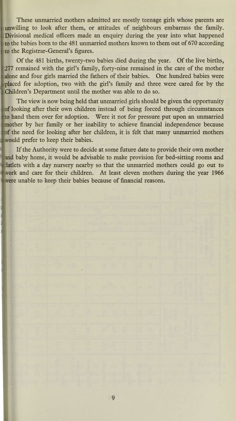 These unmarried mothers admitted are mostly teenage girls whose parents are unwilling to look after them, or attitudes of neighbours embarrass the family. ; Divisional medical officers made an enquiry during the year into what happened to the babies born to the 481 unmarried mothers known to them out of 670 according to the Registrar-General’s figures. Of the 481 births, twenty-two babies died during the year. Of the live births, i 277 remained with the girl’s family, forty-nine remained in the care of the mother I alone and four girls married the fathers of their babies. One hundred babies were j placed for adoption, two with the girl’s family and three were cared for by the I Children’s Department until the mother was able to do so. The view is now being held that immarried girls should be given the opportunity I of looking after their own children instead of being forced through circumstances I to hand them over for adoption. Were it not for pressure put upon an unmarried [mother by her family or her inability to achieve financial independence because I of the need for looking after her cluldren, it is felt that many unmarried mothers I would prefer to keep their babies. I If the Authority were to decide at some future date to provide their own mother imd baby home, it would be advisable to make provision for bed-sitting rooms and latlets with a day nursery nearby so that the unmarried mothers could go out to !Vork and care for their children. At least eleven mothers during the year 1966 S vere unable to keep their babies because of financial reasons.