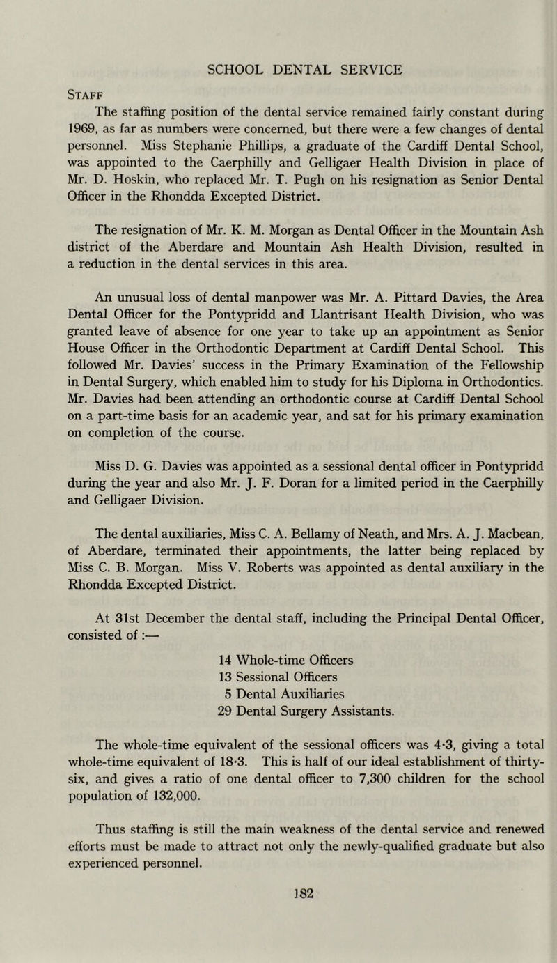SCHOOL DENTAL SERVICE Staff The staffing position of the dental service remained fairly constant during 1969, as far as numbers were concerned, but there were a few changes of dental personnel. Miss Stephanie Phillips, a graduate of the Cardiff Dental School, was appointed to the Caerphilly and Gelligaer Health Division in place of Mr. D. Hoskin, who replaced Mr. T. Pugh on his resignation as Senior Dental Officer in the Rhondda Excepted District. The resignation of Mr. K. M. Morgan as Dental Officer in the Mountain Ash district of the Aberdare and Mountain Ash Health Division, resulted in a reduction in the dental services in this area. An unusual loss of dental manpower was Mr. A. Pittard Davies, the Area Dental Officer for the Pontypridd and Llantrisant Health Division, who was granted leave of absence for one year to take up an appointment as Senior House Officer in the Orthodontic Department at Cardiff Dental School. This followed Mr. Davies’ success in the Primary Examination of the Fellowship in Dental Surgery, which enabled him to study for his Diploma in Orthodontics. Mr. Davies had been attending an orthodontic course at Cardiff Dental School on a part-time basis for an academic year, and sat for his primary examination on completion of the course. Miss D. G. Davies was appointed as a sessional dental officer in Pontypridd during the year and also Mr. J. F. Doran for a limited period in the Caerphilly and Gelligaer Division. The dental auxiliaries. Miss C. A. Bellamy of Neath, and Mrs. A. J. Macbean, of Aberdare, terminated their appointments, the latter being replaced by Miss C. B. Morgan. Miss V. Roberts was appointed as dental auxiliary in the Rhondda Excepted District. At 31st December the dental staff, including the Principal Dental Officer, consisted of:— 14 Whole-time Officers 13 Sessional Officers 5 Dental Auxiliaries 29 Dental Surgery Assistants. The whole-time equivalent of the sessional officers was 4*3, giving a total whole-time equivalent of 18*3. This is half of our ideal establishment of thirty- six, and gives a ratio of one dental officer to 7,300 children for the school population of 132,000. Thus staffing is still the main weakness of the dental service and renewed efforts must be made to attract not only the newly-qualified graduate but also experienced personnel.