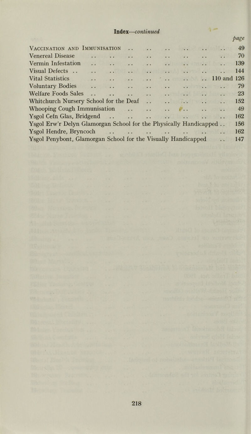 page Vaccination and Immunisation .. .. .. .. .. .. 49 Venereal Disease .. .. .. .. .. .. .. .. 70 Vermin Infestation .. .. .. .. .. .. .. .. 139 Visual Defects .. .. .. .. .. .. .. .. .. 144 Vital Statistics .. .. .. .. ' .. .. 110 and 126 Voluntary Bodies .. .. .. .. .. .. .. .. 79 Welfare Foods Sales .. .. .. .. .. .. .. .. 23 Whitchurch Nursery School for the Deaf .. .. .. .. .. 152 Whooping Cough Immunisation .. .. .. »■.. .. .. 49 Ysgol Cefn Glas, Bridgend .. .. .. .. .. .. .. 162 Ysgol Erw’r Delyn Glamorgan School for the Physically Handicapped .. 156 Ysgol Hendre, Bryncoch .. .. .. .. .. .. .. 162 Ysgol Penybont, Glamorgan School for the Visually Handicapped .. 147