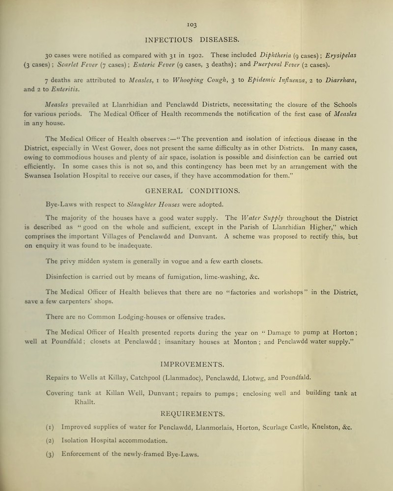 INFECTIOUS DISEASES. 30 cases were notified as compared with 31 in 1902. These included Diphtheria (g cases); Erysipelas (3 cases) ; Scarlet Fever (7 cases); Enteric Fever (9 cases, 3 deaths); and Puerperal Fever (2 cases). 7 deaths are attributed to Measles, 1 to Whooping Cough, 3 to Epidemic Influenza, 2 to Diarrhoea, and 2 to Enteritis. Measles prevailed at Llanrhidian and Penclawdd Districts, necessitating the closure of the Schools for various periods. The Medical Officer of Health recommends the notification of the first case of Measles in any house. The Medical Officer of Health observes:—“The prevention and isolation of infectious disease in the District, especially in West Gower, does not present the same difficulty as in other Districts. In many cases, owing to commodious houses and plenty of air space, isolation is possible and disinfection can be carried out efficiently. In some cases this is not so, and this contingency has been met by an arrangement with the Swansea Isolation Hospital to receive our cases, if they have accommodation for them.” GENERAL CONDITIONS. Bye-Laws with respect to Slaughter Houses were adopted. The majority of the houses have a good water supply. The Water Supply throughout the District is described as “ good on the whole and sufficient, except in the Parish of Llanrhidian Higher,” which comprises the important Villages of Penclawdd and Dunvant. A scheme was proposed to rectify this, but on enquiry it was found to be inadequate. The privy midden system is generally in vogue and a few earth closets. Disinfection is carried out by means of fumigation, lime-washing, &c. The Medical Officer of Health believes that there are no “factories and workshops” in the District, save a few carpenters’ shops. There are no Common Lodging-houses or offensive trades. The Medical Officer of Health presented reports during the year on “ Damage to pump at Horton; well at Poundfald ; closets at Penclawdd ; insanitary houses at Monton ; and Penclawdd water supply.” IMPROVEMENTS. Repairs to Wells at Killay, Catchpool (Llanmadoc), Penclawdd, Llotwg, and Poundfald. Covering tank at Lilian Well, Dunvant; repairs to pumps; enclosing well and building tank at Rhallt. REQUIREMENTS. (1) Improved supplies of water for Penclawdd, Llanmorlais, Horton, Scurlage Castle, Knelston, &c. (2) Isolation Hospital accommodation. (3) Enforcement of the newly-framed Bye-Laws.