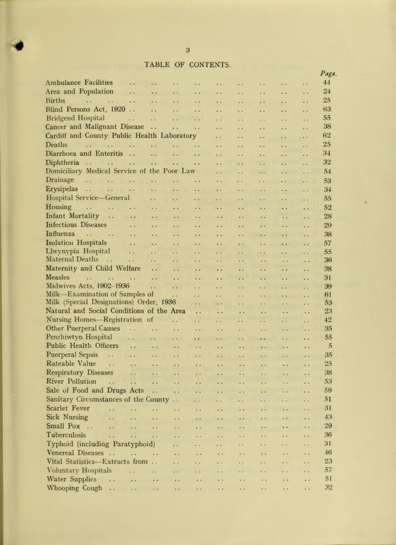 -4 3 TABLE OF CONTENTS Page. Ambulance Facilities . . .. .. .. . . .. . . .. .. 44 Area and Population . . .. .. .. .. .. . . .. .. 24 Births .. . . . . .. . . . . .. .. .. .. .. 25 Blind Persons Act, 1920 .. .. .. .. .. .. .. .. .. (S3 Bridgend Hospital . . . . .. .. . . .. . . . . . . 55 Cancer and Malignant Disease .. .. .. .. .. .. .. .. 38 Cardiff and County Public Health Laboratory .. .. .. .. .. (S2 Deaths . . . . .. .. .. .. .. .. .. .. .. 25 Diarrhoea and Enteritis . . .. .. .. .. .. .. .. .. 34 Diphtheria .. .. .. .. .. . . .. .. .. .. . . 32 Domiciliary Medical Service of the Poor Law . . .. . . . . . . 54 Drainage 53 Erysipelas . . .. . . .. . . .. . . . . .. .. .. 34 Hospital Ser\ ice—General .. .. . . . . .. .. .. . . 55 Housing . . . . . . .. .. .. .. .. .. .. .. 52 Infant Mortality . . .. .. .. .. .. .. . . .. .. 28 Infectious Diseases . . .. .. .. .. .. .. .. .. 29 Influenza . . . . .. .. .. .. .. . . .. .. .. 38 Isolation Hospitals .. .. .. .. .. .. .. .. .. 57 Llwynypia Hospital .. . . .. . . .. .. .. .. . . 55 Maternal Deaths . . . . . . .. .. .. . . .. . . .. - 36 Maternity and Child Welfare .. .. .. .. .. .. .. .. 38 Measles .. .. .. .. .. .. .. .. .. .. .. 31 Midwives Acts, 1902-1936 .. .. . . . . . . .. .. . . 39 Milk—Examination of Samples of . . . . . . . . .. .. . . 61 Milk (Special Designations) Order, 1936 . . .. . . .. . . . . 53 Natural and Social Conditions of the Area .. .. .. .. .. .. 23 Nursing Homes—Registration of . . .. . . .. . . .. .. 42 Other Puerperal Causes . . .. . . . . . . . . . . . . . . 35 Penrhiwtyn Hospital . . . . . . .. . . . . .. . . .. 55 Public Health Officers .. .. .. .. .. .. .. .. .. 5 Puerperal Sepsis .. .. .. .. .. .. .. .. .. .. 35 Rateable Value .. .. .. .. .. .. .. .. .. .. 25 Respiratory Diseases .. .. .. .. .. .. .. .. .. 38 River Pollution .. . . .. .. .. .. .. .. .. .. 53 Sale of Food and Drugs Acts .. .. .. .. .. .. .. .. 59 Sanitary Circumstances of the County . . . . .. . . .. . . . . 51 Scarlet Fever .. .. .. .. .. .. .. .. .. .. 31 Sick Nursing . . .. .. . . .. .. .. .. .. .. 43 Small Pox .. .. .. .. .. .. .. .. .. .. -. 29 T uberculosis .. .. .. .. .. .. .. .. .. .. 36 Typhoid (including Paratyphoid) .. .. .. • - • • • • • • 31 Venereal Diseases . . .. . . .. .. .. .. • • • • • • 46 Vital Statistics—Extracts from . . . . . . . . . . .. . . .. 23 Voluntary Hospitals . . . . . . . . . . .. . . . . .. 57 Water Supplies .. .. .. .. .. .. •• •• •• •• 51 Whooping Cough . . .. .. .. .. . . .. .. • . .. 32