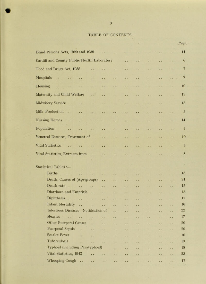 TABLE OF CONTENTS. Page. Blind Persons Acts, 1920 and 1938 .. .. .. .. .. .. .. 14 Cardiff and County Public Health Laboratory .. .. .. . . .. 6 Food and Drugs Act, 1938 .. .. .. . . .. . . . . . . 7 Hospitals .. .. . . .. . . .. .. .. .. . . .. 7 Housing . . . . . . . . . . .. .. . . . . .. . . 10 Maternity and Child Welfare .. .. . . .. .. .. .. . . 13 Midwifery Service .. .. .. .. .. .. .. .. .. 13 Milk Production . . .. . . . . .. . . .. . . . . . . 5 Nursing Homes . . . . . . . . . . . . . . . . . . . . 14 Population .. .. .. .. . . .. .. . . . . .. 4 Venereal Diseases, Treatment of . . .. .. .. .. .. .. 10 Vital Statistics . . . . . . . . .. .. .. .. .. . . 4 Vital Statistics, Extracts from . . . . . . . .. . . .. .. 5 Statistical Tables :— Births . . .. . . .. . . .. . . . . . . . . 15 Death, Causes of (Age-groups) .. .. .. .. .. .. .. 21 Death-rate .. .. .. .. .. .. .. .. .. .. 15 Diarrhoea and Enteritis .. .. .. . . .. .. .. .. 18 Diphtheria . . .. .. . . .. .. .. . . .. .. 17 Infant Mortality .. .. . . .. .. .. .. .. .. 16 Infectious Diseases—Notification of . . .. . . . . .. .. 22 Measles .. .. .. .. .. .. .. .. .. .. 17 Other Puerperal Causes .. .. .. .. .. .. . . .. 20 Puerperal Sepsis .. .. .. .. . . .. .. .. . . 20 Scarlet Fever .. .. .. .. .. .. .. .. .. 16 Tuberculosis .. .. .. .. .. .. .. .. . . 19 Typhoid (including Paratyphoid) .. .. .. . . . . . . 18 Vital Statistics, 1942 .. .. .. .. .. .. .. .. 23 Whooping Cough .. .. .. .. .. .. .. .. .. 17 L