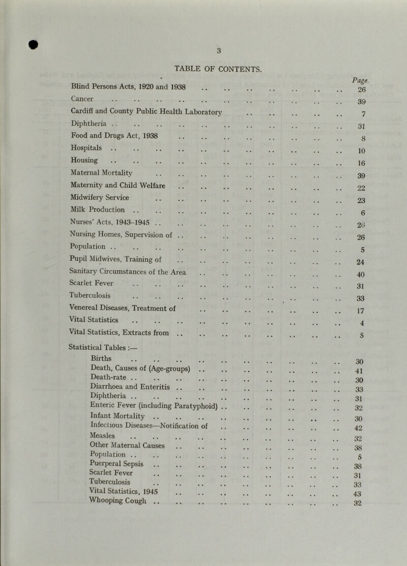 TABLE OF CONTENTS. Blind Persons Acts, 1920 and 1938 Cancer Cardiff and Coiinty Public Health Laboratory Diphtheria .. Food and Drugs Act, 1938 Hospitals Housing Maternal Mortality Maternity and Child Welfare Midwifery Service Milk Production Nurses’ Acts, 1943-1945 . . Nursing Homes, Supervision of . . Population .. Pupil Midwives, Training of Sanitary Circumstances of the Area Scarlet Fever Tuberculosis Venereal Diseases, Treatment of Vital Statistics Vital Statistics, Extracts from Statistical Tables :— Births Death, Causes of (Age-groups) Death-rate Diarrhoea and Enteritis Diphtheria Enteric Fever (including Parat5rphoid) .. Infant Mortality Infectious Diseases—Notification of Measles Other Maternal Causes Population ,. Puerperal Sepsis Scarlet Fever Tuberculosis Vital Statistics, 1945 Whooping Cough