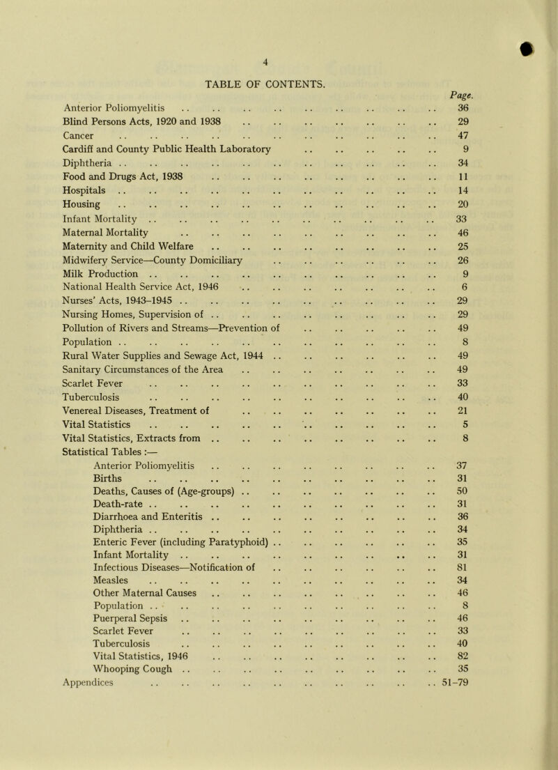 TABLE OF CONTENTS. Anterior Poliomyelitis Blind Persons Acts, 1920 and 1938 Cancer Cardiff and County Public Health Laboratory Diphtheria .. Food and Drugs Act, 1938 Hospitals Housing Infant Mortality .. Maternal Mortality Maternity and Child Welfare Midwifery Service—County Domiciliary Milk Production .. National Health Service Act, 1946 Nurses’ Acts, 1943-1945 .. Nursing Homes, Supervision of .. Pollution of Rivers and Streams—Prevention o; Population .. Rural Water Supplies and Sewage Act, 1944 . Sanitary Circumstances of the Area Scarlet Fever Tuberculosis Venereal Diseases, Treatment of Vital Statistics Vital Statistics, Extracts from ,. Statistical Tables :— Anterior Poliomyelitis Births Deaths, Causes of (Age-groups) .. Death-rate .. Diarrhoea and Enteritis ., Diphtheria .. Enteric Fever (including Paratyphoid) . Infant Mortality .. Infectious Diseases—Notification of Measles Other Maternal Causes Population .. • Puerperal Sepsis Scarlet Fever Tuberculosis Vital Statistics, 1946 Whooping Cough .. Appendices Page. 36 29 47 9 34 11 14 20 33 46 25 26 9 6 29 29 49 8 49 49 33 40 21 5 8 37 31 50 31 36 34 35 31 81 34 46 8 46 33 40 82 35 51-79