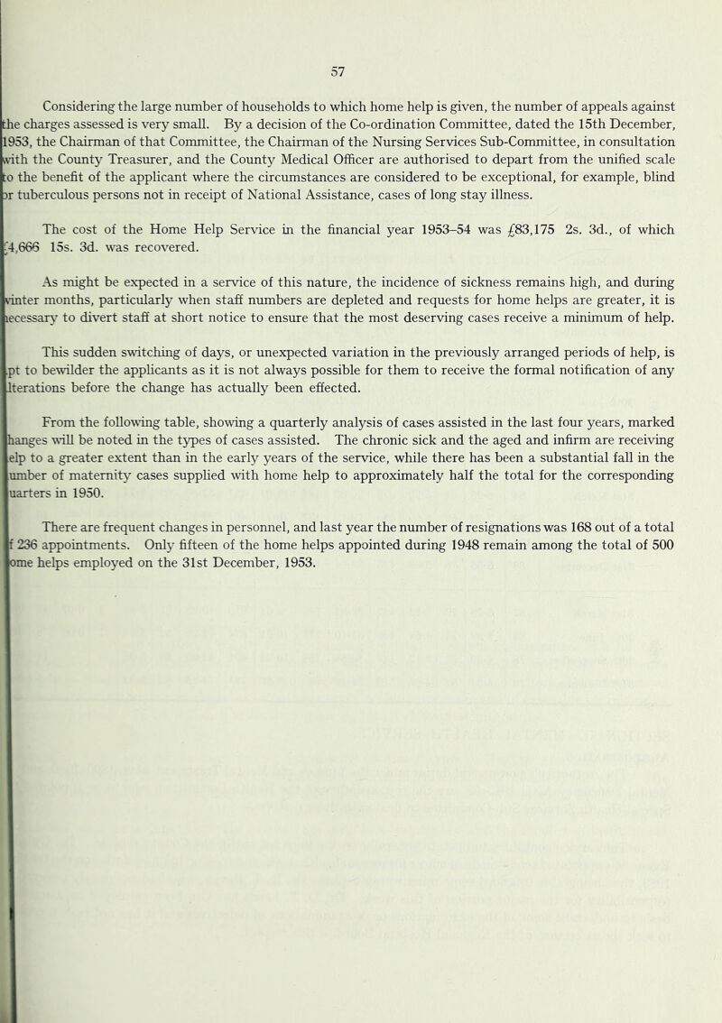 Considering the large number of households to which home help is given, the number of appeals against the charges assessed is very small. By a decision of the Co-ordination Committee, dated the 15th December, 1953, the Chairman of that Committee, the Chairman of the Nursing Services Sub-Committee, in consultation ivith the County Treasurer, and the County Medical Officer are authorised to depart from the unified scale to the benefit of the applicant where the circumstances are considered to be exceptional, for example, blind rr tuberculous persons not in receipt of National Assistance, cases of long stay illness. The cost of the Home Help Service in the financial year 1953-54 was £83,175 2s. 3d., of which 4,666 15s. 3d. was recovered. As might be expected in a service of this nature, the incidence of sickness remains high, and during vinter months, particularly when staff numbers are depleted and requests for home helps are greater, it is lecessax}'^ to divert staff at short notice to ensure that the most deserving cases receive a minimum of help. This sudden switching of days, or unexpected variation in the previously arranged periods of help, is pt to bewilder the applicants as it is not always possible for them to receive the formal notification of any Iterations before the change has actually been effected. From the following table, showing a quarterly analysis of cases assisted in the last four years, marked hanges will be noted in the types of cases assisted. The chronic sick and the aged and infirm are receiving elp to a greater extent than in the early years of the service, while there has been a substantial fall in the umber of maternity cases supphed with home help to approximately half the total for the corresponding uarters in 1950. There are frequent changes in personnel, and last year the number of resignations was 168 out of a total f 236 appointments. Only fifteen of the home helps appointed during 1948 remain among the total of 500 ome helps employed on the 31st December, 1953.