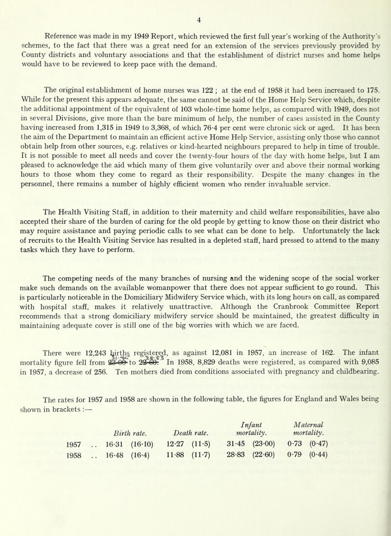 Reference was made in my 1949 Report, which reviewed the first full year’s working of the Authority’s schemes, to the fact that there was a great need for an extension of the services previously provided by County districts and voluntary associations and that the establishment of district nurses and home helps would have to be reviewed to keep pace with the demand. The original establishment of home nurses was 122 ; at the end of 1958 it had been increased to 175. While for the present this appears adequate, the same cannot be said of the Home Help Service which, despite the additional appointment of the equivalent of 103 whole-time home helps, as compared with 1949, does not in several Divisions, give more than the bare minimum of help, the number of cases assisted in the County having increased from 1,315 in 1949 to 3,368, of which 76-4 per cent were chronic sick or aged. It has been the aim of the Department to maintain an efficient active Home Help Service, assisting only those who cannot obtain help from other sources, e.g. relatives or kind-hearted neighbours prepared to help in time of trouble. It is not possible to meet all needs and cover the twenty-four hours of the day with home helps, but I am pleased to acknowledge the aid which many of them give voluntarily over and above their normal working hours to those whom they come to regard as their responsibility. Despite the many changes in the personnel, there remains a number of highly efficient women who render invaluable service. The Health Visiting Staff, in addition to their maternity and child welfare responsibilities, have also accepted their share of the burden of caring for the old people by getting to know those on their district who may require assistance and paying periodic calls to see what can be done to help. Unfortunately the lack of recruits to the Health Visiting Service has resulted in a depleted staff, hard pressed to attend to the many tasks which they have to perform. The competing needs of the many branches of nursing and the widening scope of the social worker make such demands on the available womanpower that there does not appear sufi&cient to go round. This is particularly noticeable in the Domiciliary Midwifery Service which, with its long hours on call, as compared with hospital staff, makes it relatively unattractive. Although the Cranbrook Committee Report recommends that a strong domiciliary midwifery service should be maintained, the greatest difiiculty in maintaining adequate cover is still one of the big worries with which we are faced. There were 12,243 girths regiMered, as against 12,081 in 1957, an increase of 162. The infant mortality figure fell from 33'(^to 2^Jor In 1958, 8,829 deaths were registered, as compared -with 9,085 in 1957, a decrease of 256. Ten mothers died from conditions associated with pregnancy and childbearing. The rates for 1957 and 1958 are shown in the following table, the figures for England and Wales being shown in brackets :— 1957 1958 Birth rate. 16-31 (16-10) 16-48 (16-4) Death rate. 12-27 (11-5) 11-88 (11-7) Infant mortality. 31-45 (23-00) 28-83 (22-60) Maternal mortality. 0-73 (0-47) 0-79 (0-44)