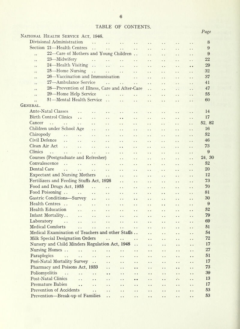 TABLE OF CONTENTS. Page National Health Service Act, 1946. Divisional Administration .. .. .. .. .. .. .. .. 8 Section 21—Health Centres .. .. .. .. .. .. .. .. 9 ,, 22—Care of Mothers and Young Children .. .. .. .. .. 9 ,, 23—Midwifery .. .. .. .. .. .. .. .. 22 ,, 24—Health Visiting .. .. .. .. .. .. .. .. 29 ,, 25—Home Nursing .. .. .. .. . . .. .. .. 32 ,, 26—Vaccination and Immunisation .. .. .. .. .. 37 ,, 27—Ambulance Service .. .. .. .. .. .. . . 41 ,, 28—Prevention of Illness, Care and After-Care .. .. .. .. 47 ,, 29—Home Help Service . . .. .. .. .. .. .. 55 ,, 51—Mental Health Service .. .. .. .. .. .. .. 60 General. Ante-Natal Classes .. .. .. .. .. .. .. .. .. 14 Birth Control Clinics .. .. .. .. .. .. .. .. .. 17 Cancer .. .. . . .. .. .. .. .. .. .. .. 52, 82 Children under School Age .. .. .. .. .. .. .. .. 16 Chiropody .. .. .. .. .. .. .. .. .. .. 52 Civil Defence .. .. . . .. .. .. .. .. .. .. 46 Clean Air Act .. .. .. .. .. .. .. .. .. .. 73 Clinics .. .. .. .. .. .. .. .. .. .. .. 9 Courses (Postgraduate and Refresher) .. .. .. .. .. .. 24, 30 Convalescence .. .. . . .. .. .. .. .. .. .. 52 Dental Care .. .. .. .. .. .. .. .. .. .. 20 Expectant and Nursing Mothers .. .. .. .. .. .. .. 12 Fertilizers and Feeding Stuffs Act, 1926 .. .. .. .. .. .. 73 Food and Drugs Act, 1955 .. .. .. .. .. .. .. .. 70 Food Poisoning .. .. .. .. .. .. .. .. .. .. 81 Gastric Conditions—Survey .. .. .. .. .. .. .. .. 30 Health Centres .. .. .. .. .. .. .. .. .. .. 9 Health Education .. .. .. .. .. .. .. .. .. 52 Infant Mortality. . .. .. .. .. .. .. .. .. .. 79 Laboratory .. .. .. .. .. .. .. .. .. .. 69 Medical Comforts .. .. .. .. .. .. .. .. .. 51 Medical Examination of Teachers and other Staffs .. .. .. .. .. 54 Milk Special Designation Orders .. .. .. .. .. .. .. 72 Nursery and Child Minders Regulation Act, 1948 .. .. .. .. .. 17 Nursing Homes .. .. .. .. .. .. .. .. .. .. 27 Paraplegics .. .. .. .. .. .. .. .. .. .. 51 Peri-Natal Mortality Survey .. .. .. .. .. .. .. .. 17 Pharmacy and Poisons Act, 1933 .. .. .. .. .. .. .. 73 Poliomyelitis .. .. .. .. .. .. .. .. .. .. 39 Post-Natal Clinics .. .. .. .. .. .. .. .. .. 13 Premature Babies .. .. .. .. .. .. .. .. .. 17 Prevention of Accidents .. .. .. .. .. .. .. .. 53 Prevention—Break-up of Families .. .. .. .. .. .. .. 53
