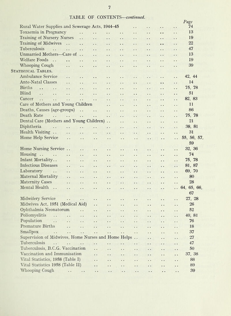 TABLE OF CONTENTS—continued. Page Rural Water Supplies and Sewerage Acts, 1944-45 .. .. .. .. 74 Toxaemia in Pregnancy .. .. .. .. .. .. .. .. 13 Training of Nursery Nurses .. .. .. .. .. .. .. .. 19 Training of Midwives .. .. .. .. .. .. .. .. .. 22 Tuberculosis .. .. .. .. .. .. .. .. .. .. 47 Unmarried Mothers—Care of .. .. .. .. .. .. .. .. 13 Welfare Foods .. .. .. .. .. .. .. .. .. .. 19 \Miooping Cough .. .. .. .. .. .. .. .. .. 39 Statistical Tables. Ambulance Service .. .. .. .. .. .. .. .. .. 42, 44 Ante-Natal Classes .. .. .. .. .. .. .. .. .. 14 Births .. .. .. .. .. .. .. .. .. .. .. 75, 78 Blind 51 Cancer .. .. .. .. .. .. .. .. .. .. .. 82, 83 Care of Mothers and Young Children .. .. .. .. .. .. 11 Deaths, Causes (age-groups) .. .. .. .. .. .. .. .. 86 Death Rate .. .. .. .. .. .. .. .. .. .. 75, 78 Dental Care (Mothers and Young Children) .. .. .. .. .. .. 21 Diphtheria .. .. .. .. .. .. .. .. .. .. 38, 81 Health Visiting . . .. .. . . .. .. . . .. .. .. 31 Home Help Service .. .. .. .. .. .. .. .. .. 55, 56, 57, 59 Home Nursing Service .. .. .. .. .. .. .. .. .. 32, 36 Housing .. .. .. .. .. .. .. .. .. .. .. 74 Infant Mortality.. .. .. .. .. .. .. .. .. .. 75, 78 Infectious Diseases .. .. .. .. .. .. .. .. .. 81, 87 Laboratory .. .. .. .. .. .. .. .. .. .. 69, 70 Maternal Mortality .. .. .. .. .. .. .. .. .. 80 Maternity Cases .. .. .. .. .. .. .. .. .. 28 Mental Health .. .. .. .. .. .. .. .. .. .. 64, 65, 66, 67 Midvdfeiy Servdce .. .. .. .. .. .. .. .. .. 27, 28 Midvdves Act, 1951 (Medical Aid) .. .. .. .. .. .. .. 26 Ophthalmia Neonatorum .. .. .. .. .. .. .. .. 52 Poliomyelitis . . . . . . .. .. .. .. .. .. .. 40, 81 Population .. .. .. .. .. .. . . .. .. .. 76 Premature Births .. .. .. .. .. .. .. .. .. 18 Smallpox .. .. .. .. .. .. .. .. .. .. 37 SupeiAUsion of ilidwives. Home Nurses and Home Helps .. .. .. .. 27 Tuberculosis .. .. .. .. .. .. .. .. .. .. 47 Tuberculosis, B.C.G. Vaccination .. .. .. .. .. .. .. 50 ^'accination and Immunisation .. .. .. .. .. .. .. 37, 38 Vital Statistics, 1958 (Table I) .. .. .. .. .. .. .. 88 Vital Statistics 1958 (Table II) ,. .. .. .. .. .. .. 89 VTiooping Cough .. .. .. .. .. .. .. .. .. 39