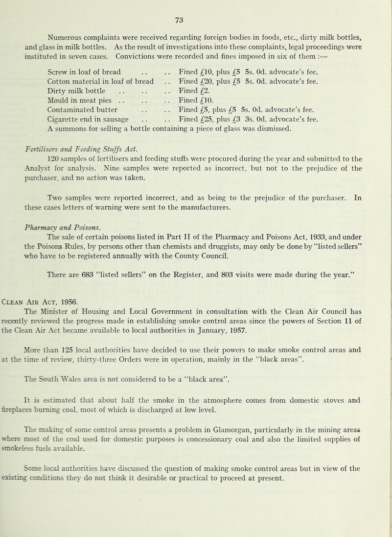 Numerous complaints were received regarding foreign bodies in foods, etc., dirty milk bottles, and glass in milk bottles. As the result of investigations into these complaints, legal proceedings were instituted in seven cases. Convictions were recorded and fines imposed in six of them ;— Screw in loaf of bread Cotton material in loaf of bread Dirt}'^ milk bottle ^lould in meat pies .. Contaminated butter Cigarette end in sausage Fined £10, plus £5 5s. Od. advocate’s fee. Fined £20, plus £5 5s. Od. advocate’s fee. Fined £2. Fined £10. Fined £5, plus £5 5s. Od. advocate’s fee. Fined £25, plus £3 3s. Od. advocate’s fee. . . ..... ...V-V. A summons for selling a bottle containing a piece of glass was dismissed. Fertilisers and Feeding Stnffs Act. 120 samples of fertilisers and feeding stuffs were procured during the year and submitted to the Analyst for analysis. Nine samples were reported as incorrect, but not to the prejudice of the purchaser, and no action was taken. Two samples were reported incorrect, and as being to the prejudice of the purchaser. In these cases letters of warning were sent to the manufacturers. Pharmacy and Poisons. The sale of certain poisons listed in Part II of the Pharmacy and Poisons Act, 1933, and under the Poisons Rules, by persons other than chemists and druggists, may only be done by listed sellers who have to be registered armually with the County Council. There are 683 listed sellers’’ on the Register, and 803 visits were made during the year. Clean Air Act, 1956. The Minister of Housing and Local Government in consultation with the Clean Air Council has recently re\'iewed the progress made in establishing smoke control areas since the powers of Section 11 of the Clean Air Act became available to local authorities in January, 1957. More than 125 local authorities have decided to use their powers to make smoke control areas and at the time of review, thirty-three Orders were in operation, mainly in the “black areas’’. The South Wales area is not considered to be a black area”. It is estimated that about half the smoke in the atmosphere comes from domestic stoves and fireplaces burning coal, most of which is discharged at low level. The making of some control areas presents a problem in Glamorgan, particularly in the mining areas where most of the coal used for domestic purposes is concessionary coal and also the limited supplies of smokeless fuels available. Some local authorities have discussed the question of making smoke control areas but in view of the existing conditions they do not think it desirable or practical to proceed at present.