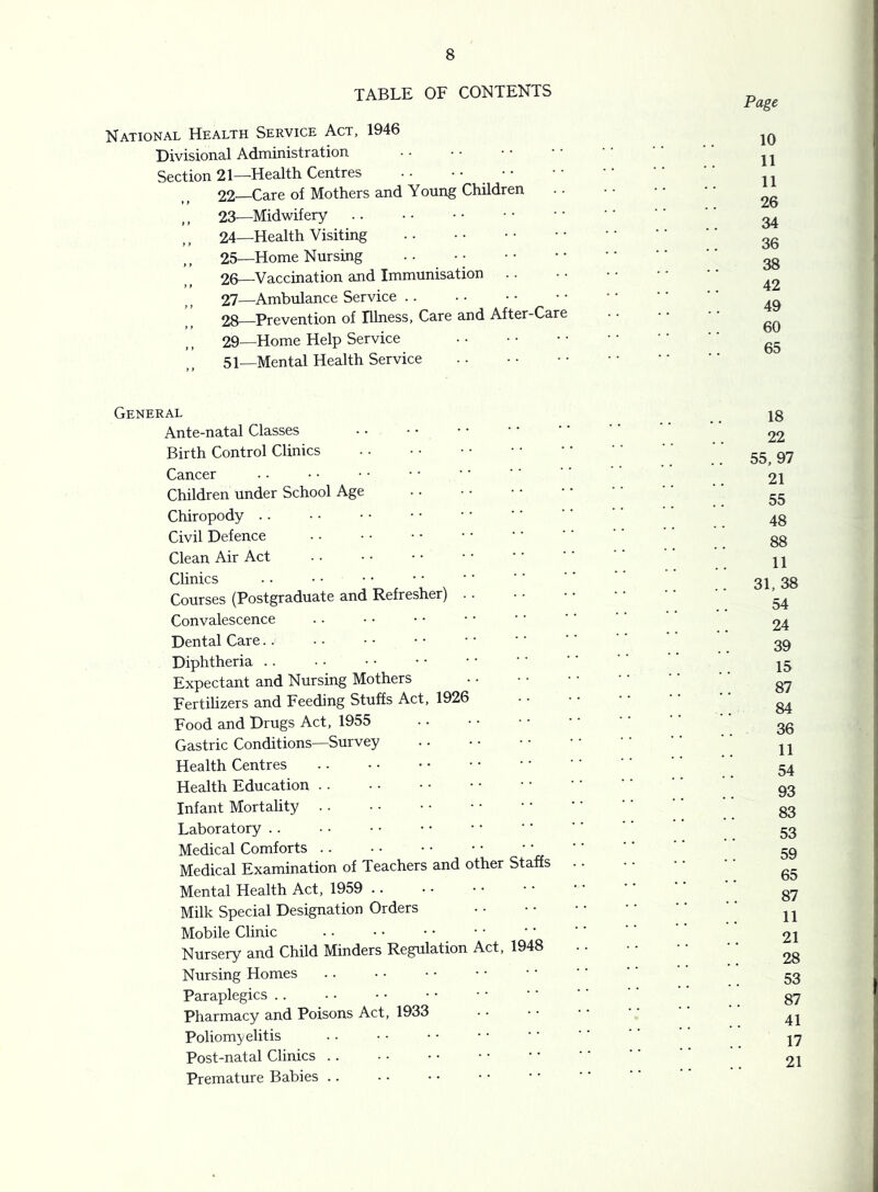TABLE OF CONTENTS National Health Service Act, 1946 Divisional Administration Section 21—Health Centres .. •• 22—Care of Mothers and Young Children .. ,, 23—Midwifery .. ^ 24— Health Visiting gg 25— Home Nursing gg 26— Vaccination and Immunisation .. •• •• 27— Ambulance Service 28— Prevention of Illness, Care and After-Care .. •• 29— Home Help Service 51—Mental Health Service General _ _ 18 Ante-natal Classes ....•••••• 22 Birth Control Clinics ’' ’ ‘ 55 97 Cancer • . • • • • • • '' ’’ '’ 21 Children under School Age Chiropody • • '' '' ‘ ‘ 43 Civil Defence ’ ’ ’' gg Clean Air Act .. • • • • • • •' ’ ‘ ’ 11 Clinics .. ■ • • • • • • • ■ ■ ■ ■ ' ‘ 31 38 Courses (Postgraduate and Refresher) Convalescence . • • • • • • • • • ‘' '' 24 Dental Care 39 Diphtheria . . • • ■ • • • • • '' ’' ‘ ‘ ' ’ 15 Expectant and Nursing Mothers . • • ■ g^ Fertilizers and Feeding Stuffs Act, 1926 ^ Food and Drugs Act, 1955 gg Gastric Conditions—Survey .. ‘ ‘ ^ ^ Health Centres ' ’ 54 Health Education gg Infant Mortality . . • • • • • • ■ • '' ‘' gg Laboratory ’ ’ 53 Medical Comforts gg Medical Examination of Teachers and other Staffs .. • • • • Mental Health Act, 1959 .. • • '' '' '' g^ Milk Special Designation Orders '' Mobile Clinic ‘ ‘ ’ ‘ 21 Nursery and Child Minders Regulation Act, 1948 .. ■ • • ■ • • Nursing Homes .. • • • • ■ • • • ' ‘ ’ gg Paraplegics .. g7 Pharmacy and Poisons Act, 1933 • ■ '' ’ ‘ Poliomyelitis .. • • • ■ • • ' ’ ' ' ' ‘ j7 Post-natal Clinics .. 21 Premature Babies ..