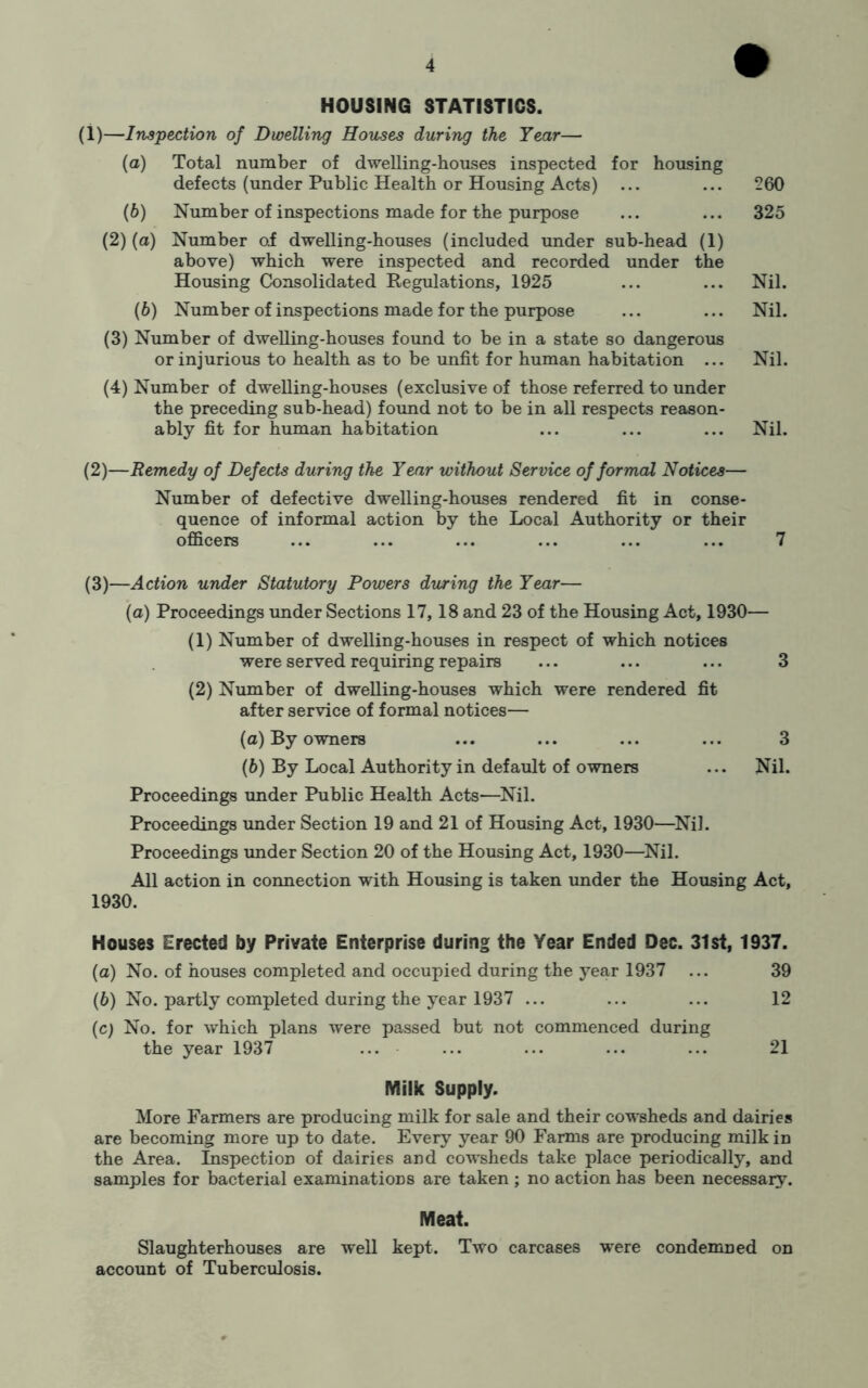 HOUSING STATISTICS. (1)—Inspection of Dwelling Houses during the Year— (o) Total number of dwelling-houses inspected for housing defects (under Public Health or Housing Acts) ... ... 260 (6) Number of inspections made for the purpose ... ... 325 (2) (a) Number oi dwelling-houses (included under sub-head (1) above) which were inspected and recorded under the Housing Consolidated Regulations, 1925 ... ... Nil. (6) Number of inspections made for the purpose ... ... Nil. (3) Number of dwelling-houses found to be in a state so dangerous or injurious to health as to be unfit for human habitation ... Nil. (4) Number of dwelling-houses (exclusive of those referred to under the preceding sub-head) found not to be in all respects reason- ably fit for human habitation ... ... ... Nil. (2) —Remedy of Defects during the Year without Service of formal Notices— Number of defective dwelling-houses rendered fit in conse- quence of informal action by the Local Authority or their officers ... ... ... ... ... ... 7 (3) —Action under Statutory Powers during the Year— (a) Proceedings under Sections 17,18 and 23 of the Housing Act, 1930— (1) Number of dwelling-houses in respect of which notices were served requiring repairs ... ... ... 3 (2) Number of dwelling-houses which were rendered fit after service of formal notices— (а) By owners ... ... ... ... 3 (б) By Local Authority in default of owners ... Nil. Proceedings under Public Health Acts—^Nil. Proceedings under Section 19 and 21 of Housing Act, 1930—^Nil. Proceedings under Section 20 of the Housing Act, 1930—^Nil. All action in connection with Housing is taken under the Housing Act, 1930. Houses Erected by Private Enterprise during the Year Ended Dec. 31st, 1937. (а) No. of houses completed and occupied during the year 1937 ... 39 (б) No. partly completed during the year 1937 ... ... ... 12 (c) No. for which plans were passed but not commenced during the year 1937 ... ... ... ... ... 21 Milk Supply. More Farmers are producing milk for sale and their cowsheds and dairies are becoming more up to date. Every year 90 Farms are producing milk in the Area. Inspection of dairies and cowsheds take place periodically, and samples for bacterial examinations are taken ; no action has been necessary. Meat. Slaughterhouses are well kept. Two carcases were condemned on account of Tuberculosis.