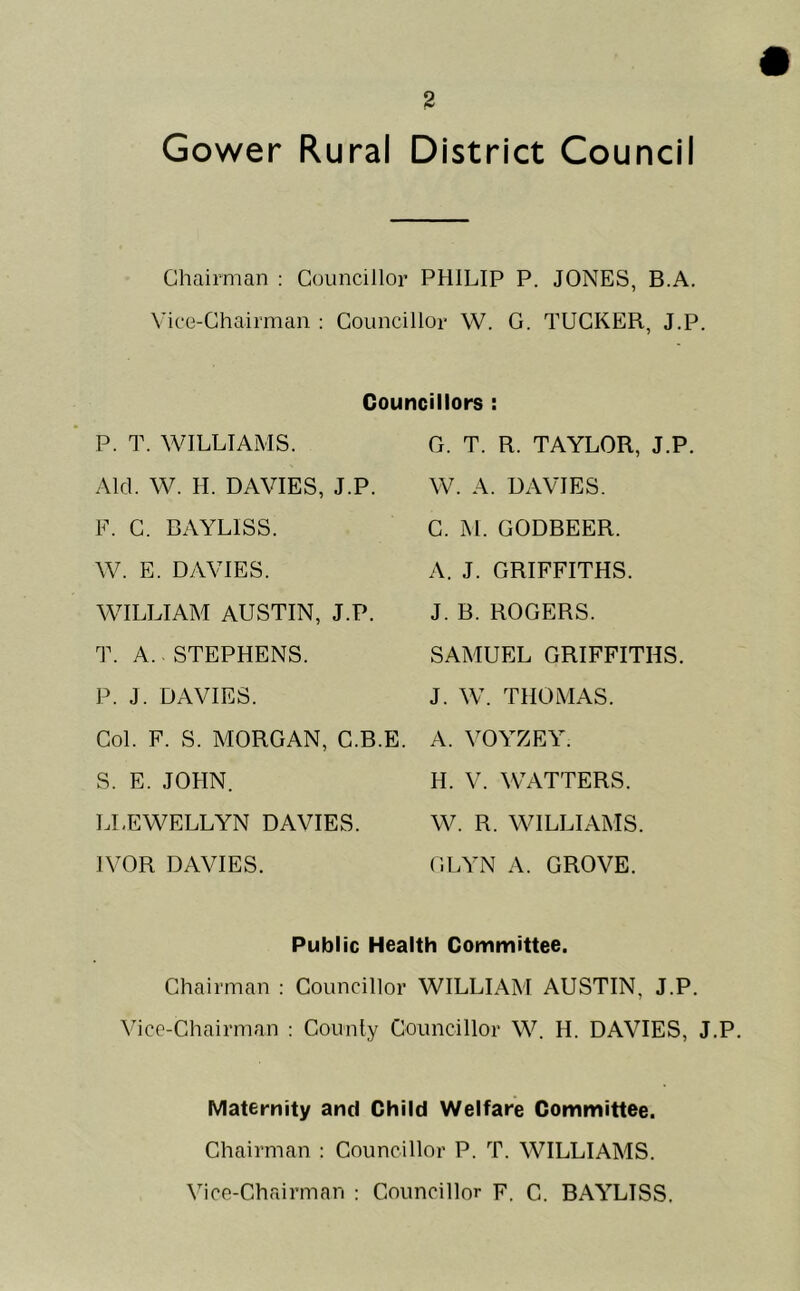 Gower Rural District Council Chairman : Councillor PHILIP P. JONES, B.A. Vice-Chairman : Councillor W. G. TUCKER, J.P. Councillors : P. T. WILLIAMS. Alcl. W. H. DAVIES, J.P. F. C. BAYLISS W. E. DAVIES. WILLIAM AUSTIN, J.P. T. A. STEPHENS. P. J. DAVIES. Col. F. S. MORGAN, C.B.E. S. E. JOHN. LLEWELLYN DAVIES. IVOR DAVIES. G. T. R. TAYLOR, J.P. W. A. DAVIES. C. M. GODBEER. A. J. GRIFFITHS. J. B. ROGERS. SAMUEL GRIFFITHS. J. W. THOMAS. A. VOYZEY. H. V. WATTERS. W. R. WILLIAMS. GLYN A. GROVE. Public Health Committee. Chairman : Councillor WILLIAM AUSTIN, J.P. Vice-Chairman : County Councillor W. H. DAVIES, J.P. Maternity and Child Welfare Committee. Chairman : Councillor P. T. WILLIAMS. Vice-Chairman : Councillor F. C. BAYLISS.