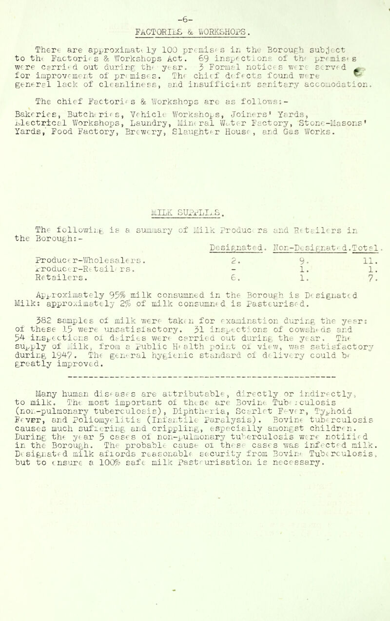 -6- FACTQRILS & VvORK&HOPS. There are approximatt, ly 100 premises in th.e Borouph subject to tht Factories &. Workshops Act. 69 inspections of thn premises were carried out during the year. 5 Formal notices vnere served ^ for iinprovement of premise-s. The chief defects found ?/ere ^ general lack of cleanliness, and insufficient sanitary accomodation. The chief Factories & Workshops are as followss- Bakeries, Butchtries, Vehicle Workshops, Joiners' Yards, Llectrical 'Workshops, Laundry, Mineral Weter Factory, Stone-Masons’ Yards,’ Food Factory, Brewery, Slaughter House, and Gas Works. MILK SUPnLI.^S. The following is a summary of Milk Produe rs and Retailers in Boroughs - Designated. Non-Designate- d.Total, Produce r-V/holesalers. 2. 9. 11. nroducer-Rt taile rs. - 1. 1. Retailers. 6. 1. 7. Approximately 95% milk consumned in the Borough is Designated Milks approximately 2% of milk consumned is Pasteurised. 382 samples of milk were taken for examination during the years of these 15 V\/ere unsatisfactory. 31 insi^ections of cowsheds and 54 inspections of di-iries v\;ere carried out during the year. The suj_^ply of Milk, from a Public Hf a.lth point ol view, was satisfactory during 194?» The general hygienic standard of delivery could b- greatly improved. Many human diseases are attributable, directly or indirectly, to milk. The most important of these are Bovine Tubeiculosis (non-pulmonary tuberculosis), Diphtheria, Scarlet Fever, Tyj^hoid Fever, and Poliomyelitis (Infantile Paralysis). Bovine tuberculosis causes much suffering and crippling, especially amongst children. During the year 5 cases of non-pulmonary tuberculosis were notified The probable cause of these cases was infected milk, affords reasonable security from Bovine Tuberculosis, 100% safe milk pasteurisation is necessary. in the Borough, Designated milk but to ensure a