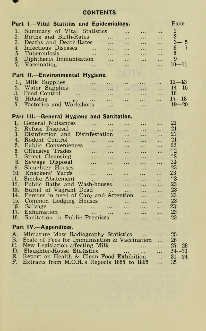 CONTENTS Part I.—Vital Statitics and Epidemiology. 1. Summary of Vital Statistics 2. Births and Birth-Rates 3. Deaths and Death-Rates 4. Infectious Diseases 5. Tuberculosis 6. Diphtheria Immunisation 7. Vaccination Part II.—Environmental Hygiene. 1. -, Milk Supplies 2. Water Supplies 3. Food Control H. Hdusing x 5. Factories and Workshops Part III.—General Hygiene and Sanitation. I. General Nuisances 2. Refuse Disposal 3. Disinfection and Disinfestation 4. Rodent Control 5. Public Conveniences 6. Offensive Trades 7. Street Cleansing 8. Sewage Disposal 9. Slaughter Houses 10. Knackers’ Yards 11. Smoke Abatement 12. Public Baths and Wash-houses 13. Burial of Vagrant Dead 14. Persons in need of Care and Attention 15. Common Lodging Houses 116. Salvage 17. Exhumation 18. Sanitation in Public Premises Part IV.—Appendices. A. Miniature Mass Radiography Statistics B. Scale of Fees for Immunisation & Vaccination C. New Legislation affecting Milk D. Slaughter-House Statistics E. Report on Health & Clean Food Exhibition F. Extracts from M.O.H.’s Reports 1885 to 1895 Page 1 2 3— 5 6— 7 8 9 10—11 12—13 14—15 16 17—18 19—20 21 21 21 21 22 ■2 r2 22 23 23 ‘3 23 23 23 23 2 3) 23 23 25 26 27—28 29—30 31--34 35